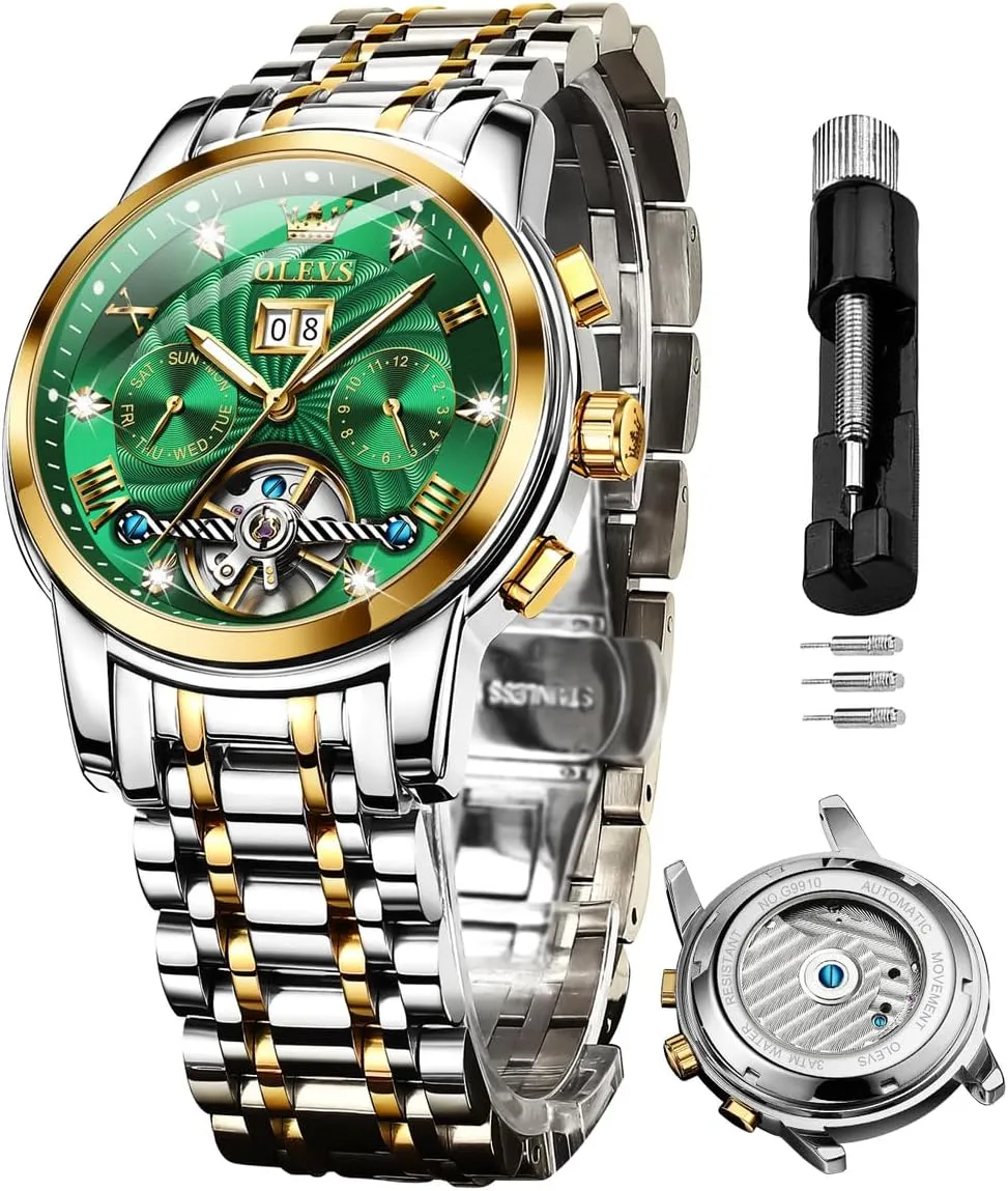 OLEVS Skeleton Watches for Men Luxury Diamond Wristwatch Automatic Mechanical Self Winding Luminous Waterproof