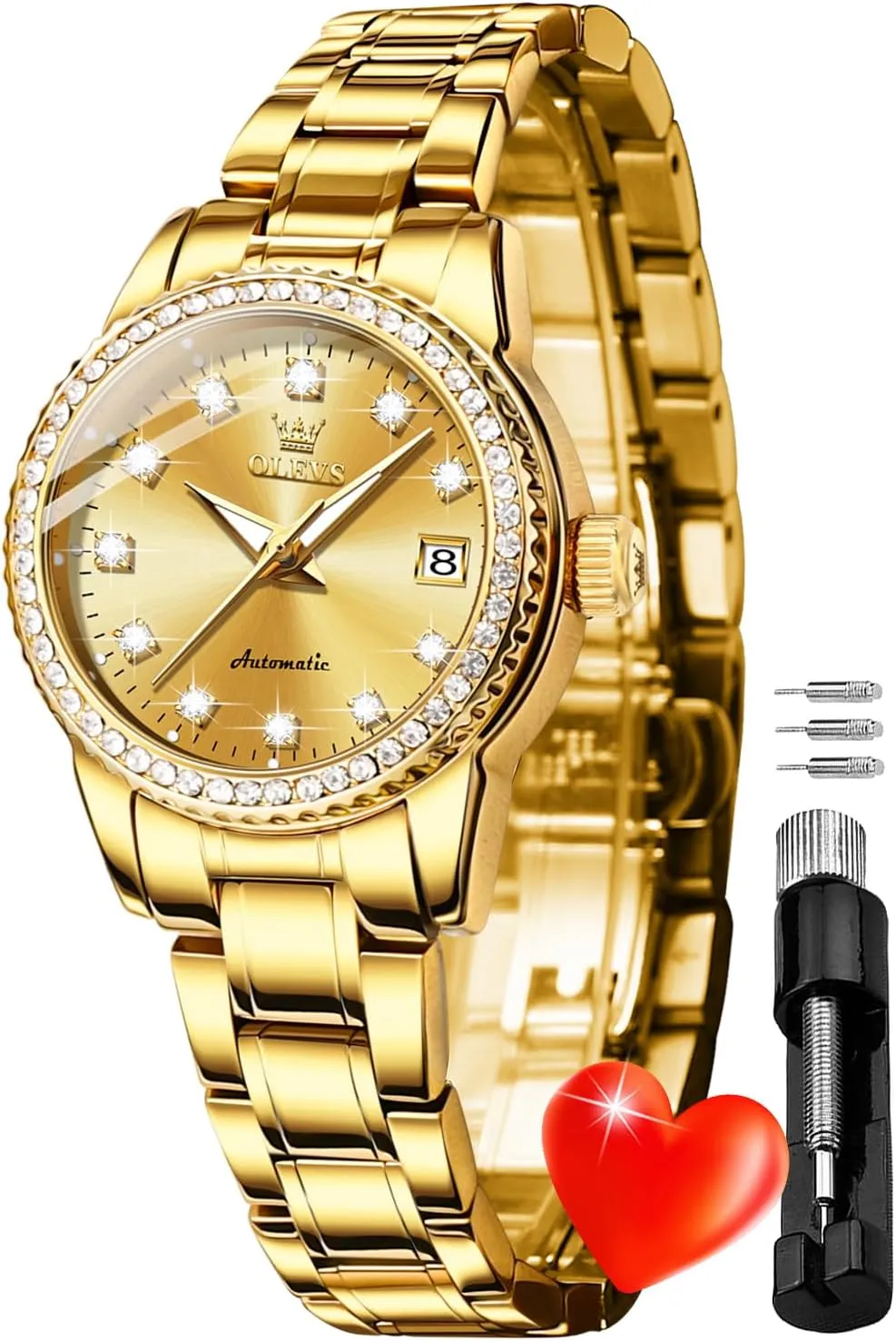 OLEVS Womens Diamond Watches Automatic Mechanical Gold Luxury Dress Ladies Self Winding Original Stainless Steel Wrist Watch