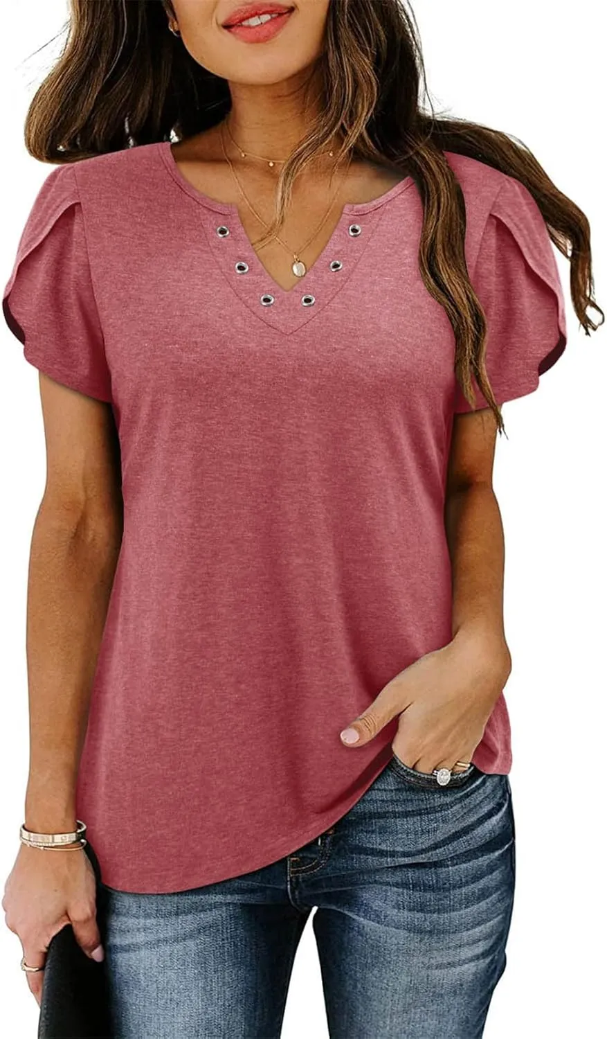 onlypuff Summer Top for Women V Neck Short Sleeve Shirts Flowy Tunic Tops