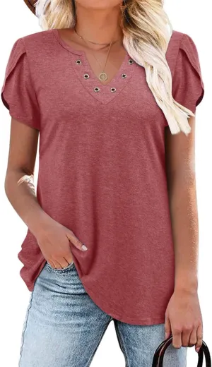 onlypuff Summer Top for Women V Neck Short Sleeve Shirts Flowy Tunic Tops
