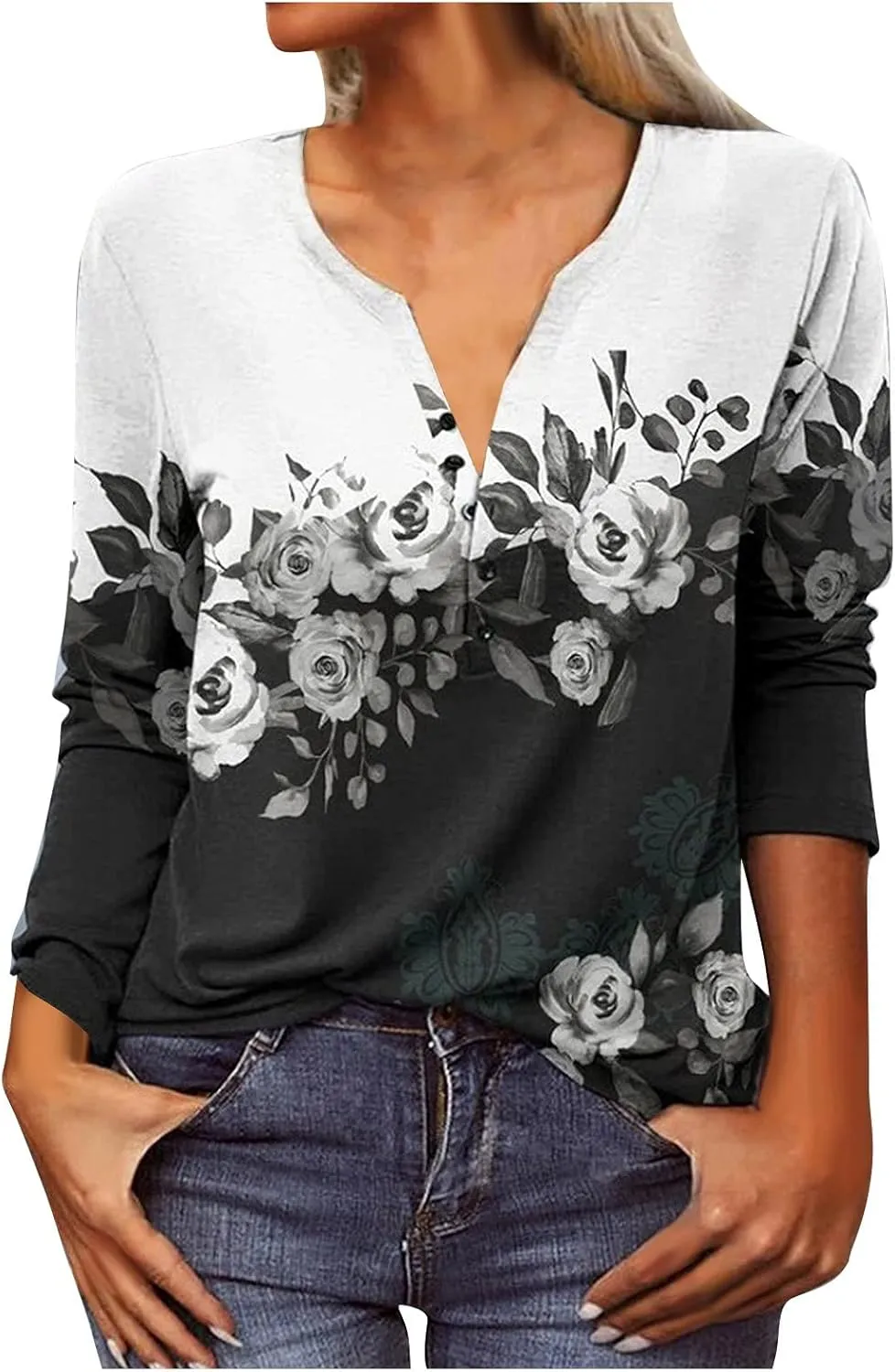 Oversized Womens Fall and Winter Long Sleeve V Neck Button Tops Casual Slim Fashion Print Top Blouse T-Shirt