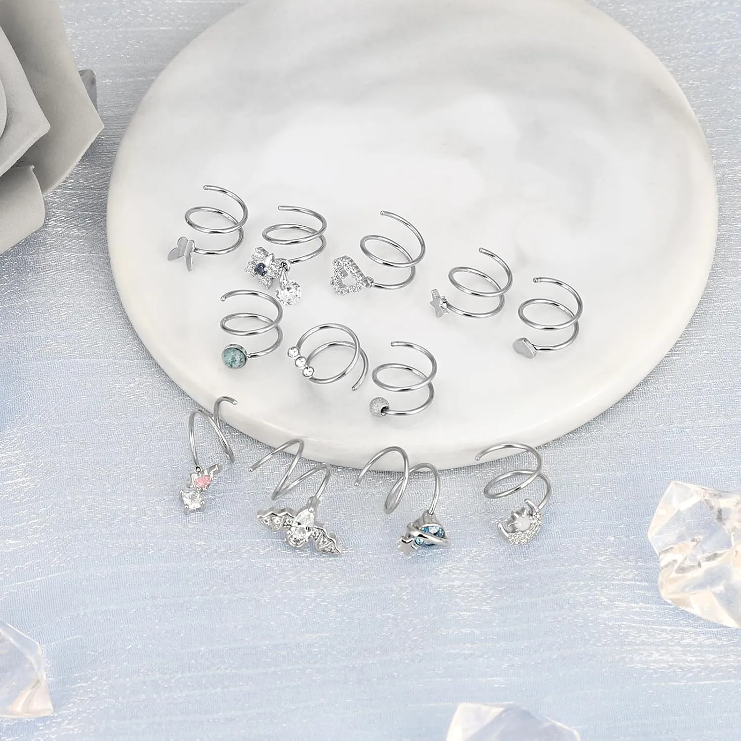 Oyaface 12 Pcs Spiral Twist Double Hoops 20G Nose Rings Silver Black Thin Nose Studs CZ Piercing Jewelry for Women Men Single Piercing