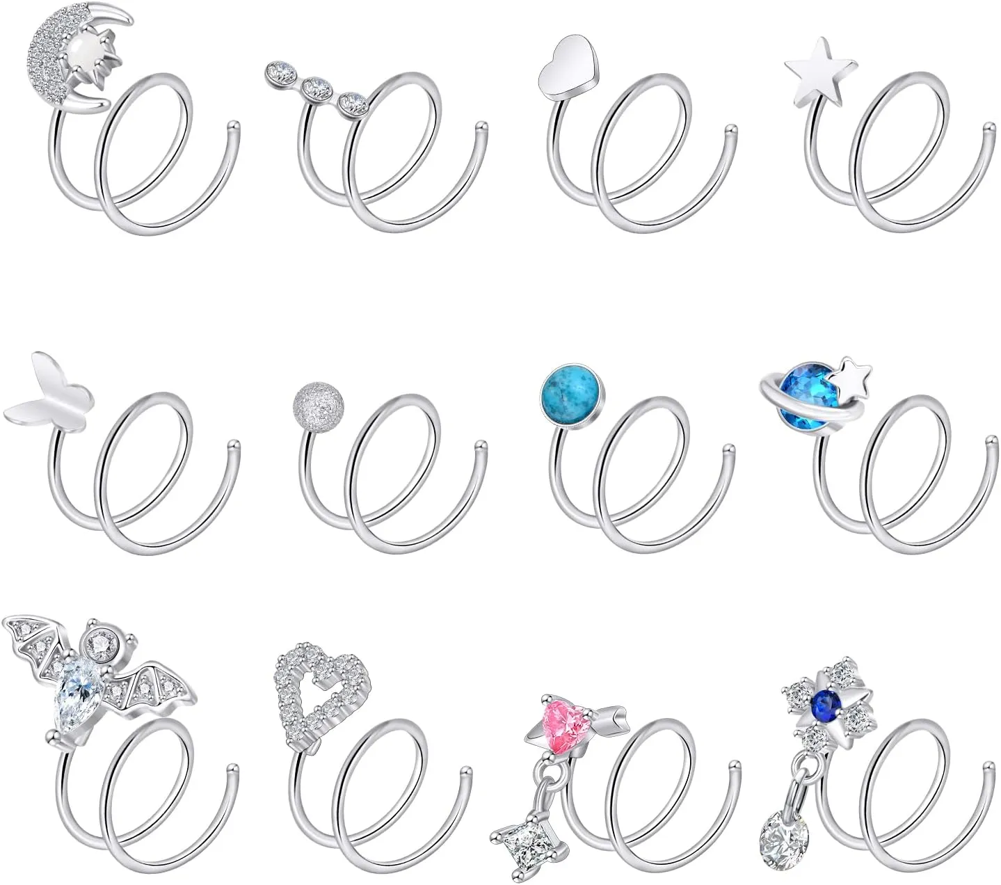 Oyaface 12 Pcs Spiral Twist Double Hoops 20G Nose Rings Silver Black Thin Nose Studs CZ Piercing Jewelry for Women Men Single Piercing