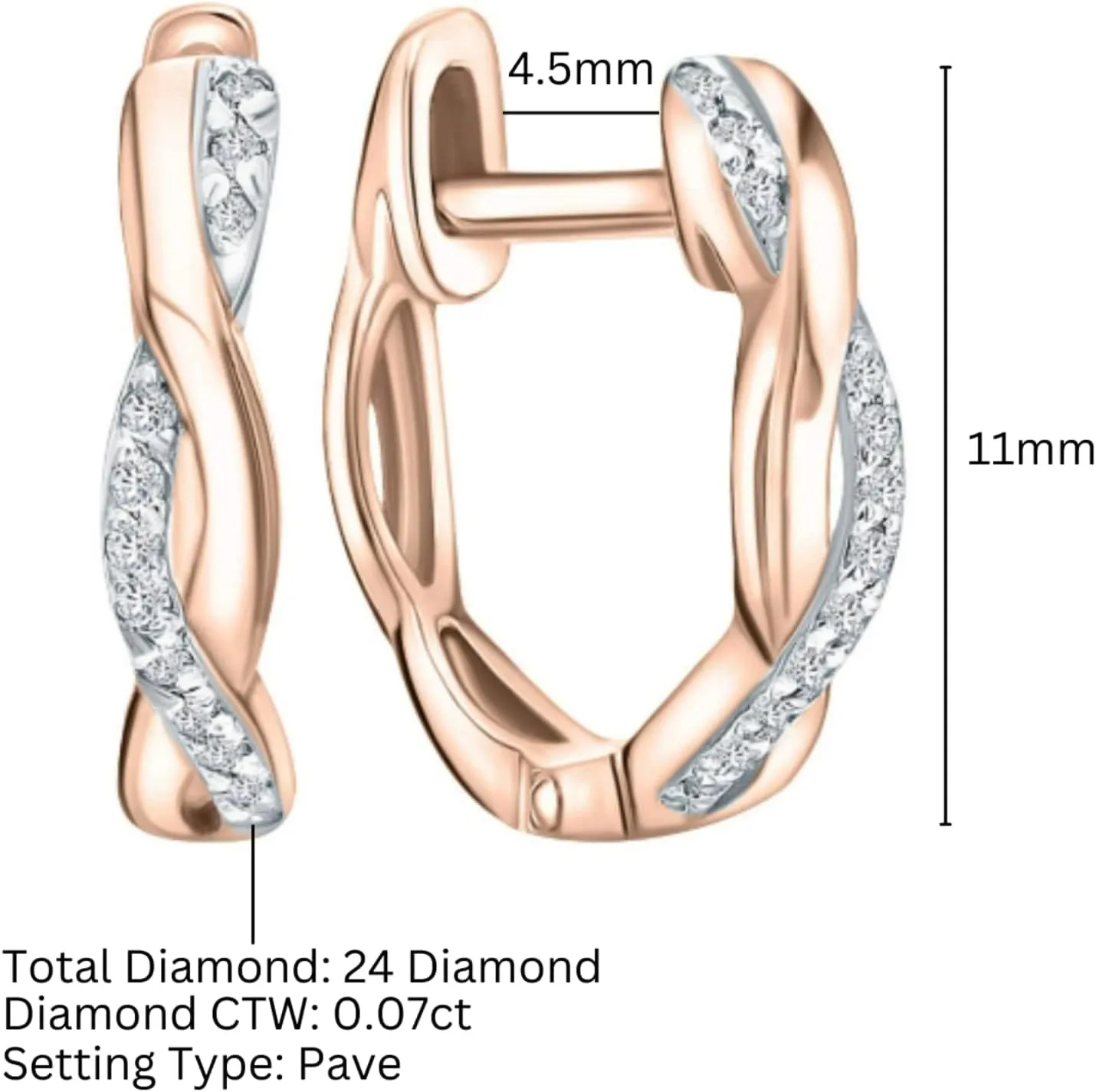 Pave Diamond Twist Hoop Earrings  0.07ct Rope-Style Diamond Huggie Hoops with Hinged Closure