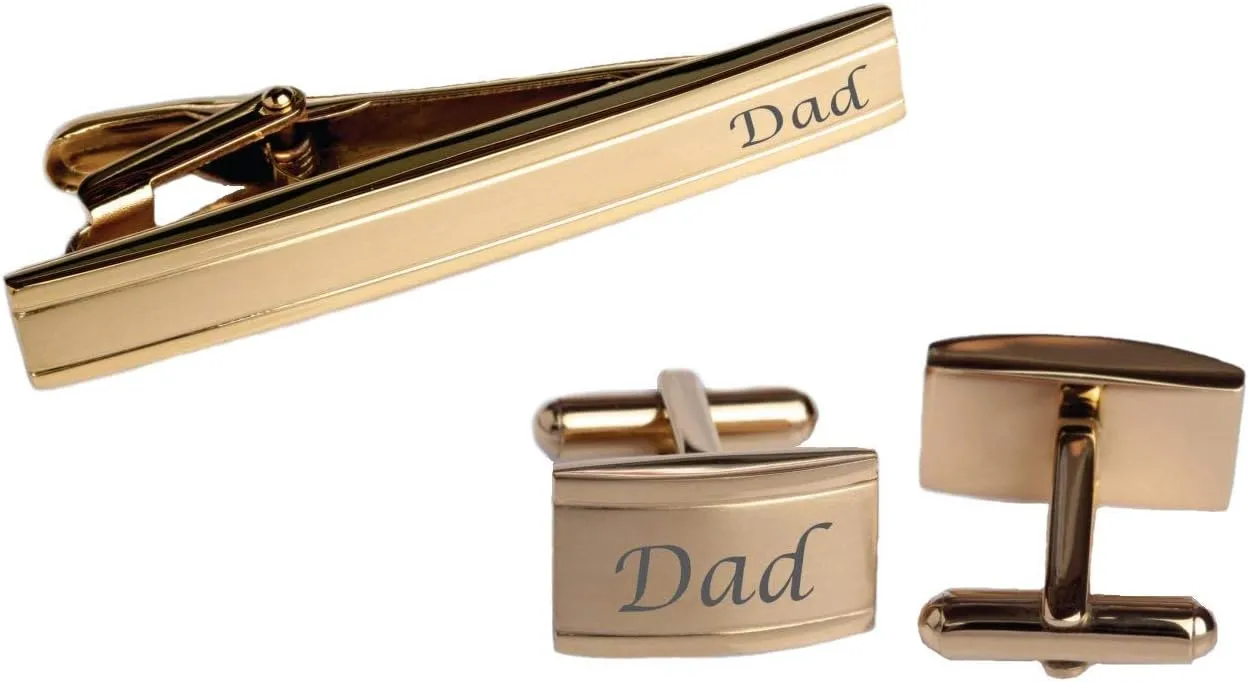 Personalized Gold Two Tone Cufflinks & Tie Clip Bar Set Custom Engraved Free - Ships from USA