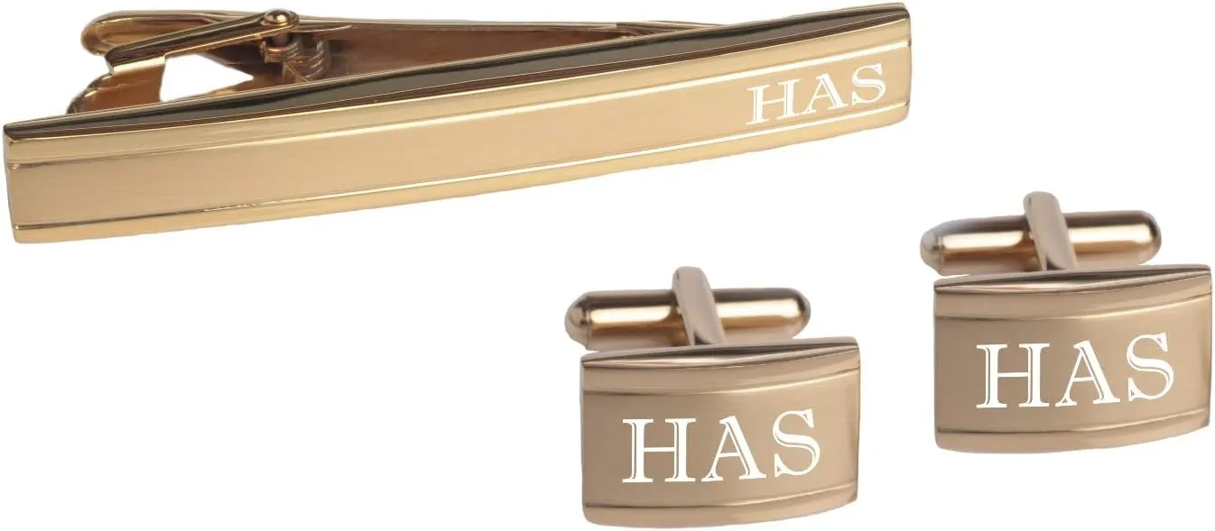 Personalized Gold Two Tone Cufflinks & Tie Clip Bar Set Custom Engraved Free - Ships From USA
