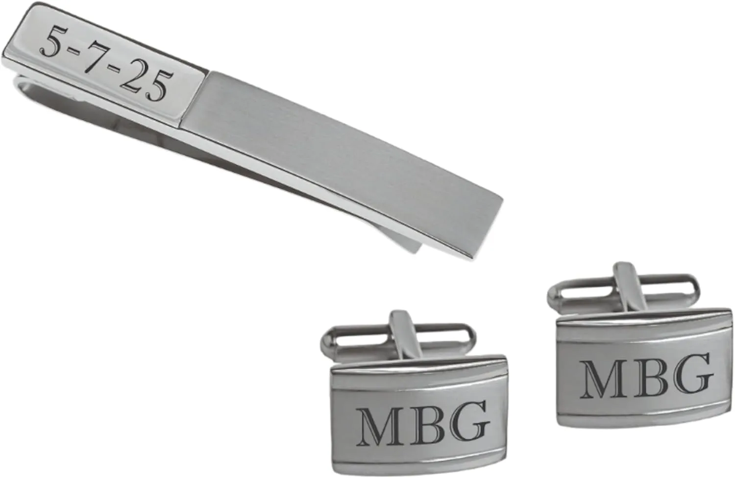 Personalized Silver Stainless Steel Two Tone Cufflinks & Tie Clip Bar Set Custom Engraved Free - Ships from USA