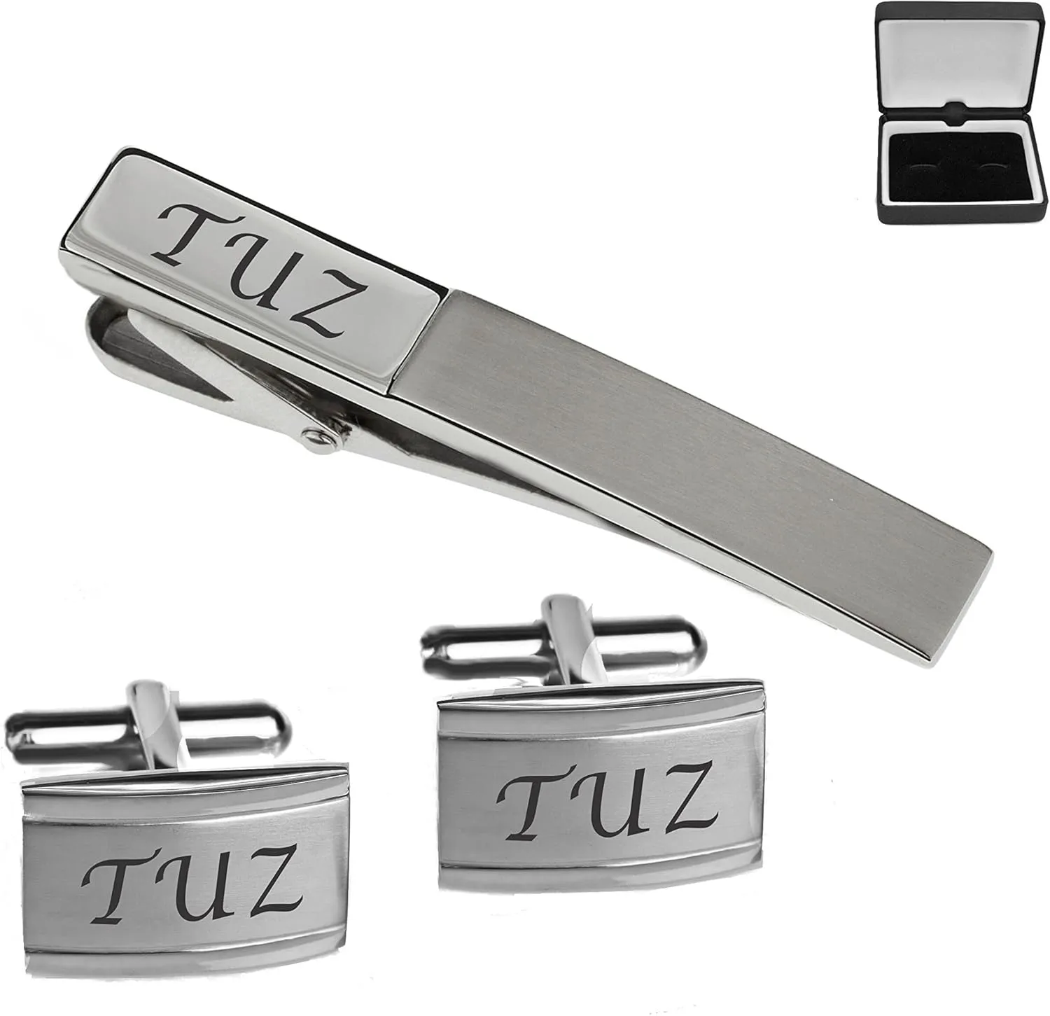 Personalized Stainless Steel Two Tone Silver Cufflinks & Tie Clip Set Custom Engraved Free - Ships from USA