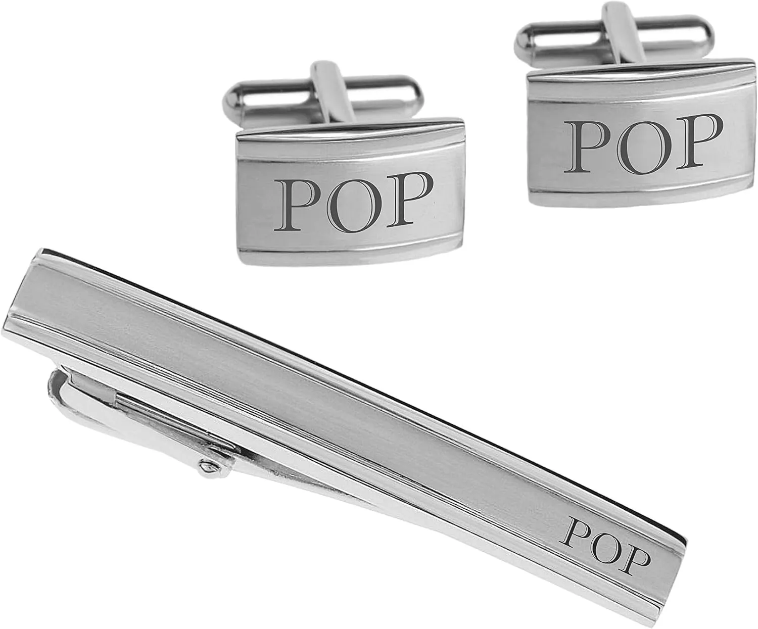 Personalized Stainless Steel Two Tone Silver Cufflinks & Tie Clip Set Custom Engraved Free - Ships from USA