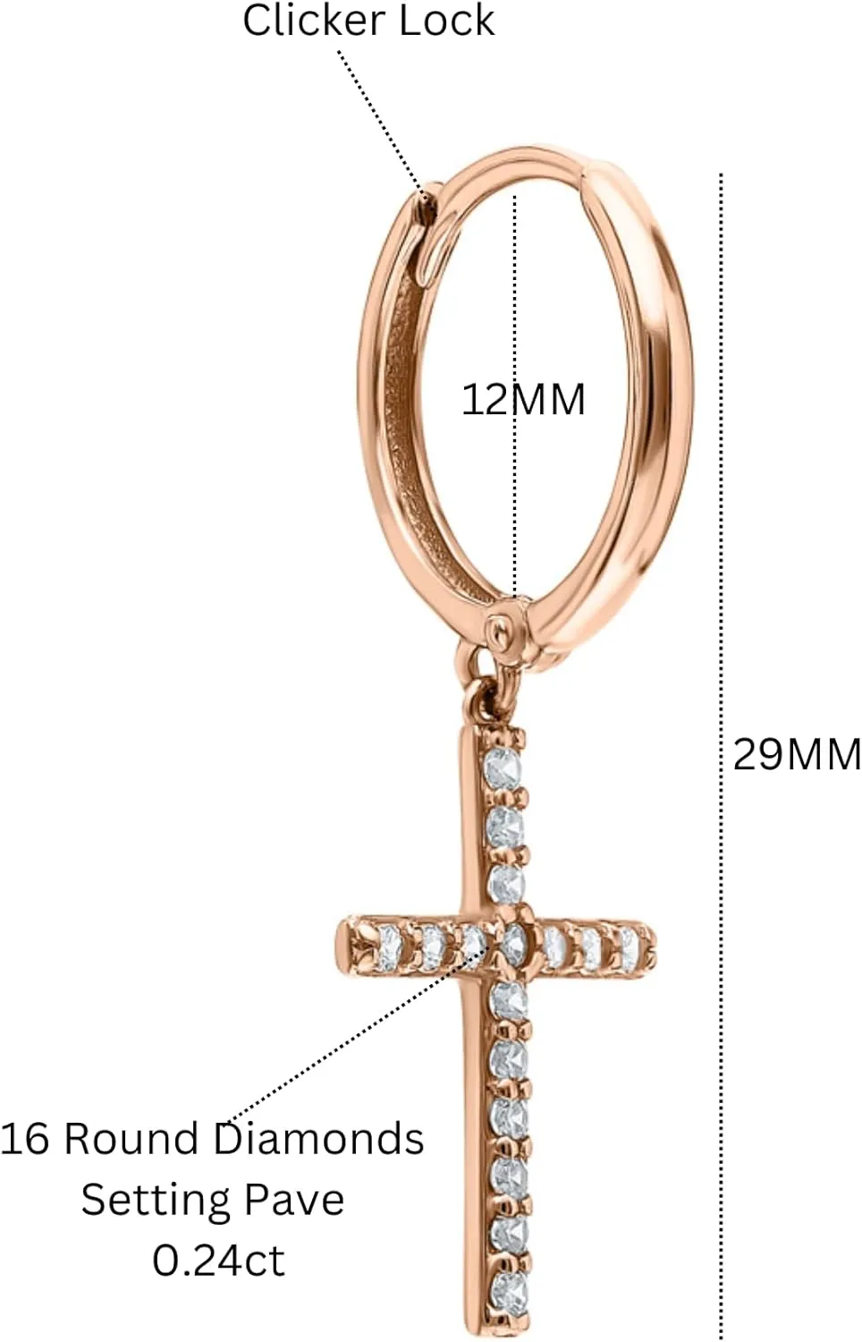 Petite Cross Pav Diamond(0.24ct) Dangle Earring  14k Gold Cross Huggie, Drop Hoop Religious Jewelry, Elegant Faith-Inspired Gift for Her.