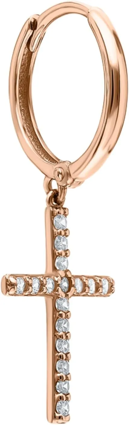 Petite Cross Pav Diamond(0.24ct) Dangle Earring  14k Gold Cross Huggie, Drop Hoop Religious Jewelry, Elegant Faith-Inspired Gift for Her.