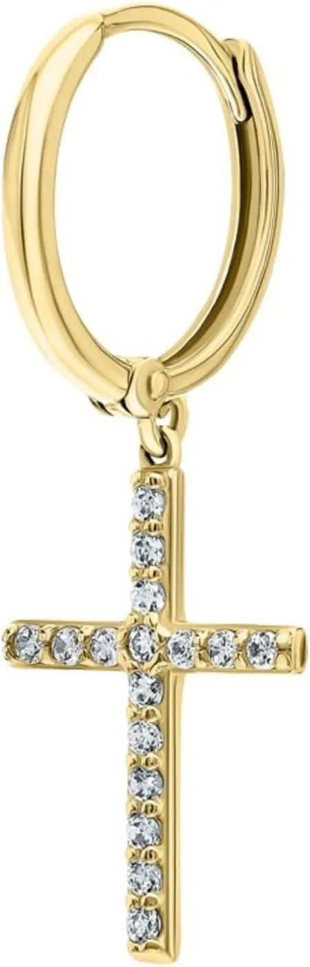 Petite Cross Pav Diamond(0.24ct) Dangle Earring  14k Gold Cross Huggie, Drop Hoop Religious Jewelry, Elegant Faith-Inspired Gift for Her.