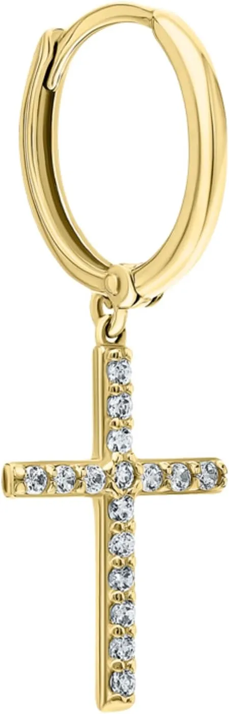 Petite Cross Pav Diamond(0.24ct) Dangle Earring  14k Gold Cross Huggie, Drop Hoop Religious Jewelry, Elegant Faith-Inspired Gift for Her.