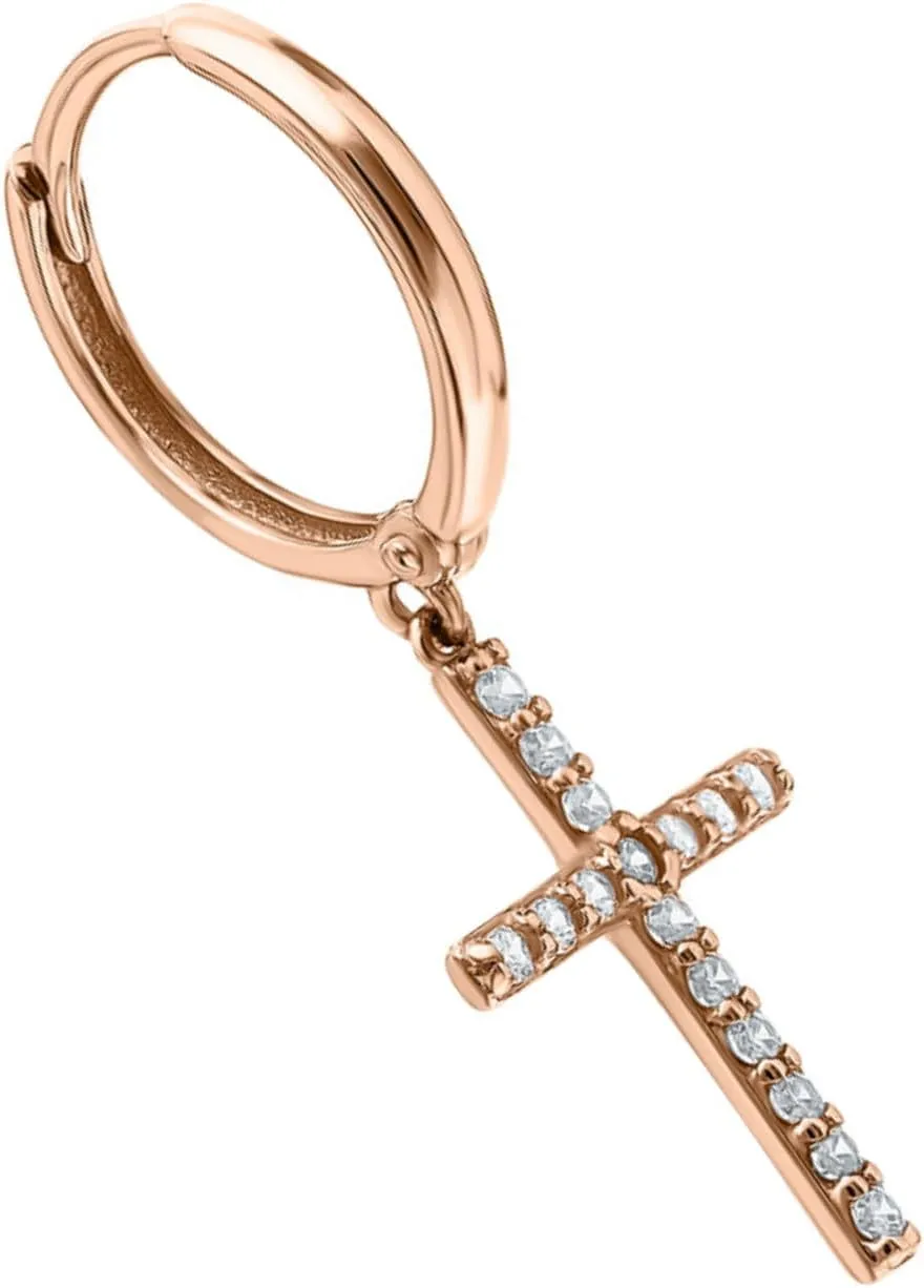 Petite Cross Pav Diamond(0.24ct) Dangle Earring  14k Gold Cross Huggie, Drop Hoop Religious Jewelry, Elegant Faith-Inspired Gift for Her.