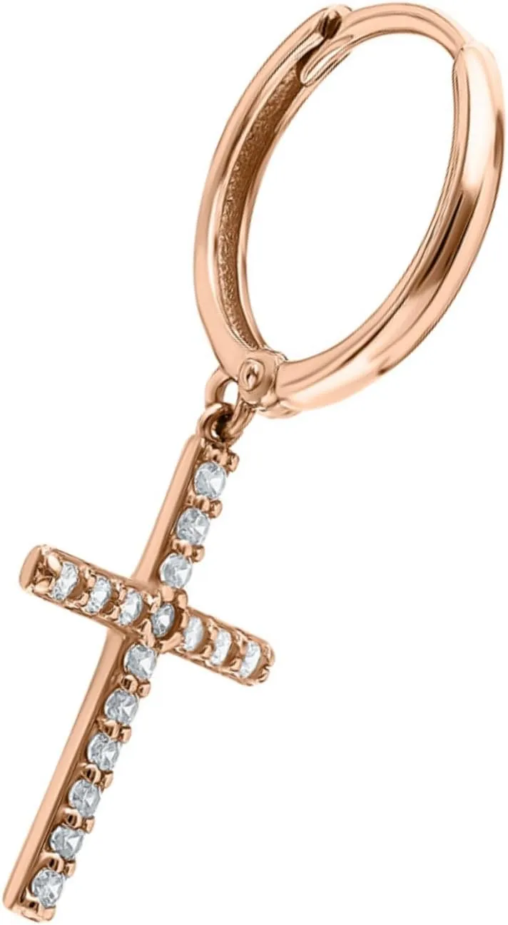 Petite Cross Pav Diamond(0.24ct) Dangle Earring  14k Gold Cross Huggie, Drop Hoop Religious Jewelry, Elegant Faith-Inspired Gift for Her.