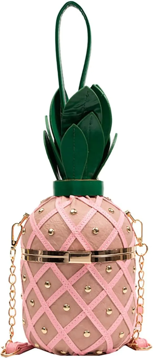 Pineapple Bucket Purse for Women,Trendy Chain Messenger Crossbody Bag with Rivet Tropical Hawaiian Shoulder Handbag