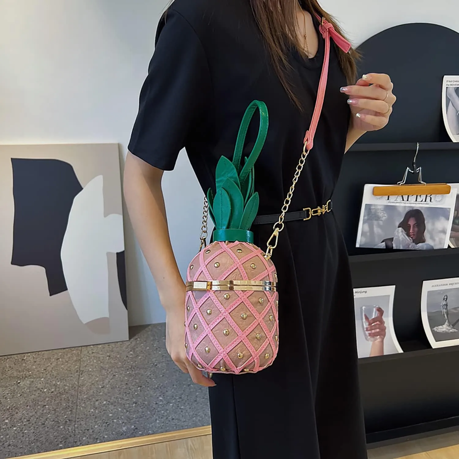 Pineapple Bucket Purse for Women,Trendy Chain Messenger Crossbody Bag with Rivet Tropical Hawaiian Shoulder Handbag