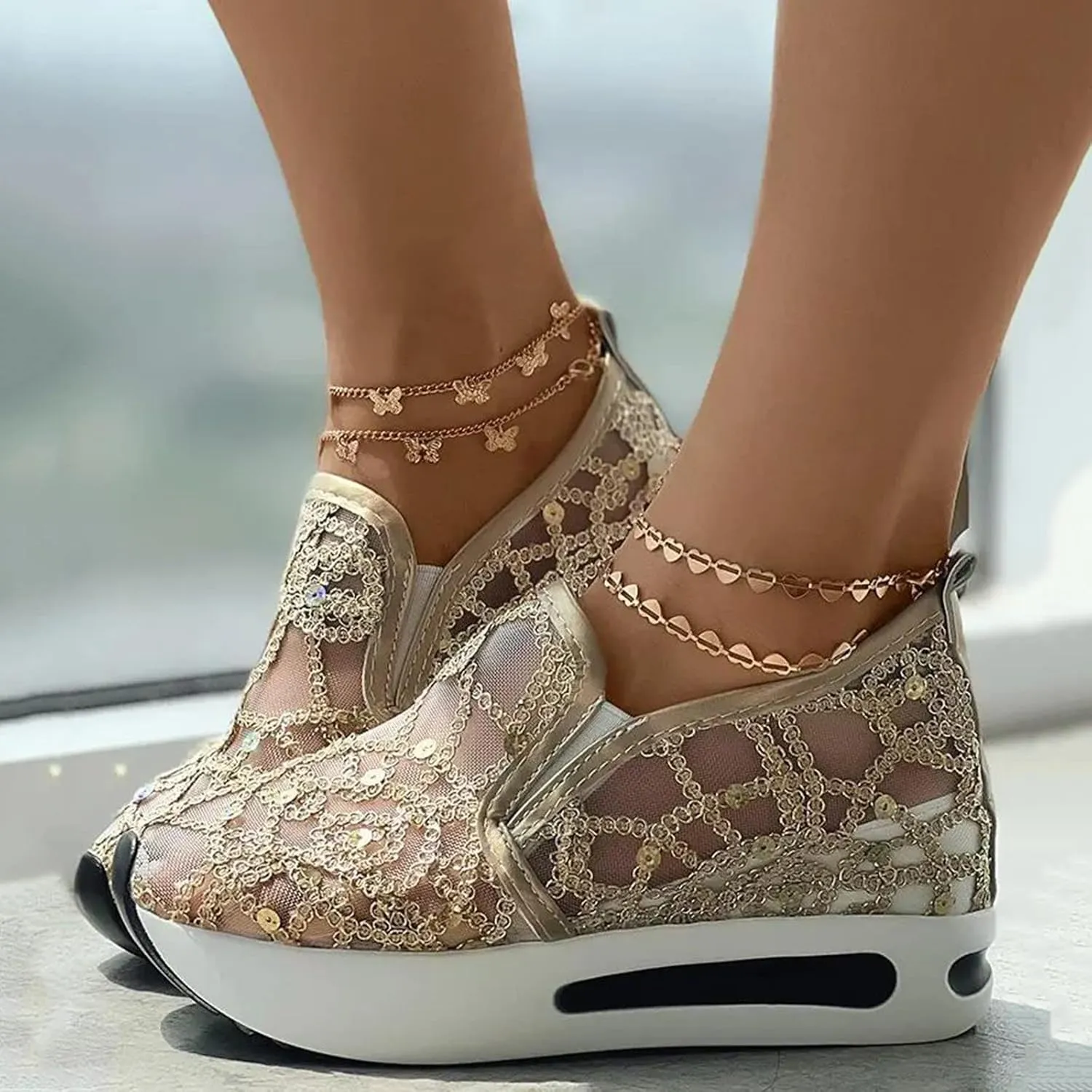 Platform Sneakers for Women Air Cushion | Walking Shoes Women Comfortable All Day Fashion Sneaker Low Top Chunky Breathable Slip On Loafers Ladies Hidden Sneakers Orthopedic Wedge Tennis Shoes
