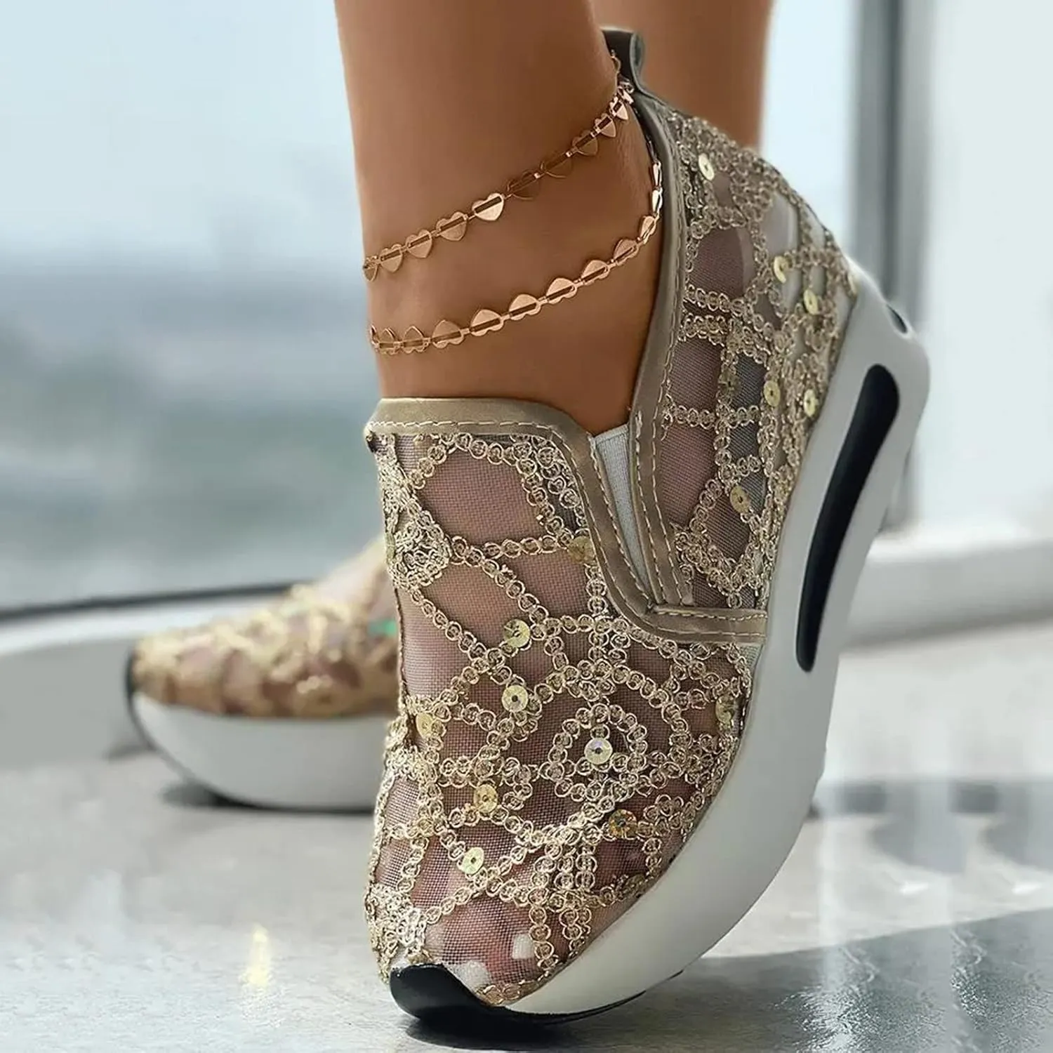 Platform Sneakers for Women Air Cushion | Walking Shoes Women Comfortable All Day Fashion Sneaker Low Top Chunky Breathable Slip On Loafers Ladies Hidden Sneakers Orthopedic Wedge Tennis Shoes