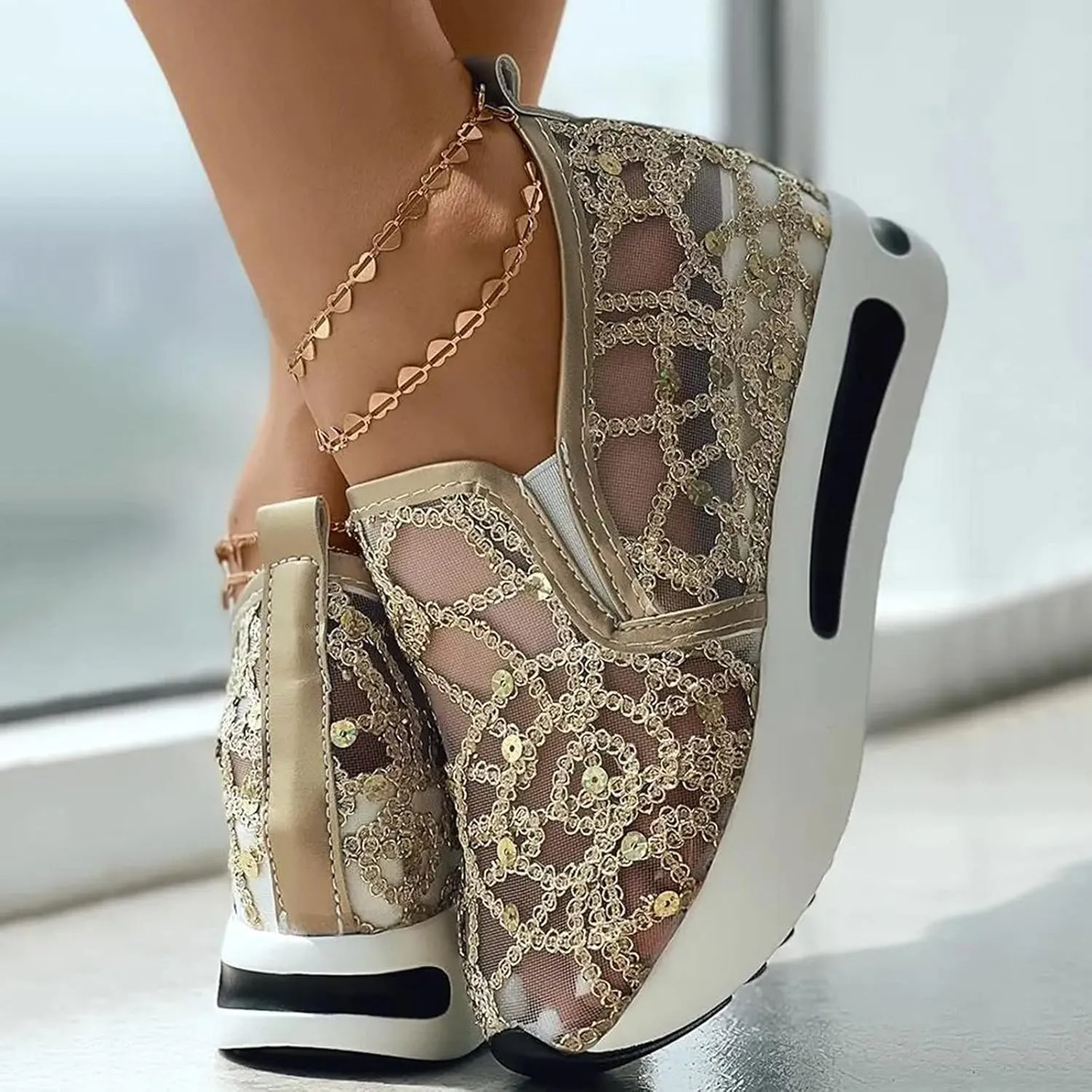 Platform Sneakers for Women Air Cushion | Walking Shoes Women Comfortable All Day Fashion Sneaker Low Top Chunky Breathable Slip On Loafers Ladies Hidden Sneakers Orthopedic Wedge Tennis Shoes