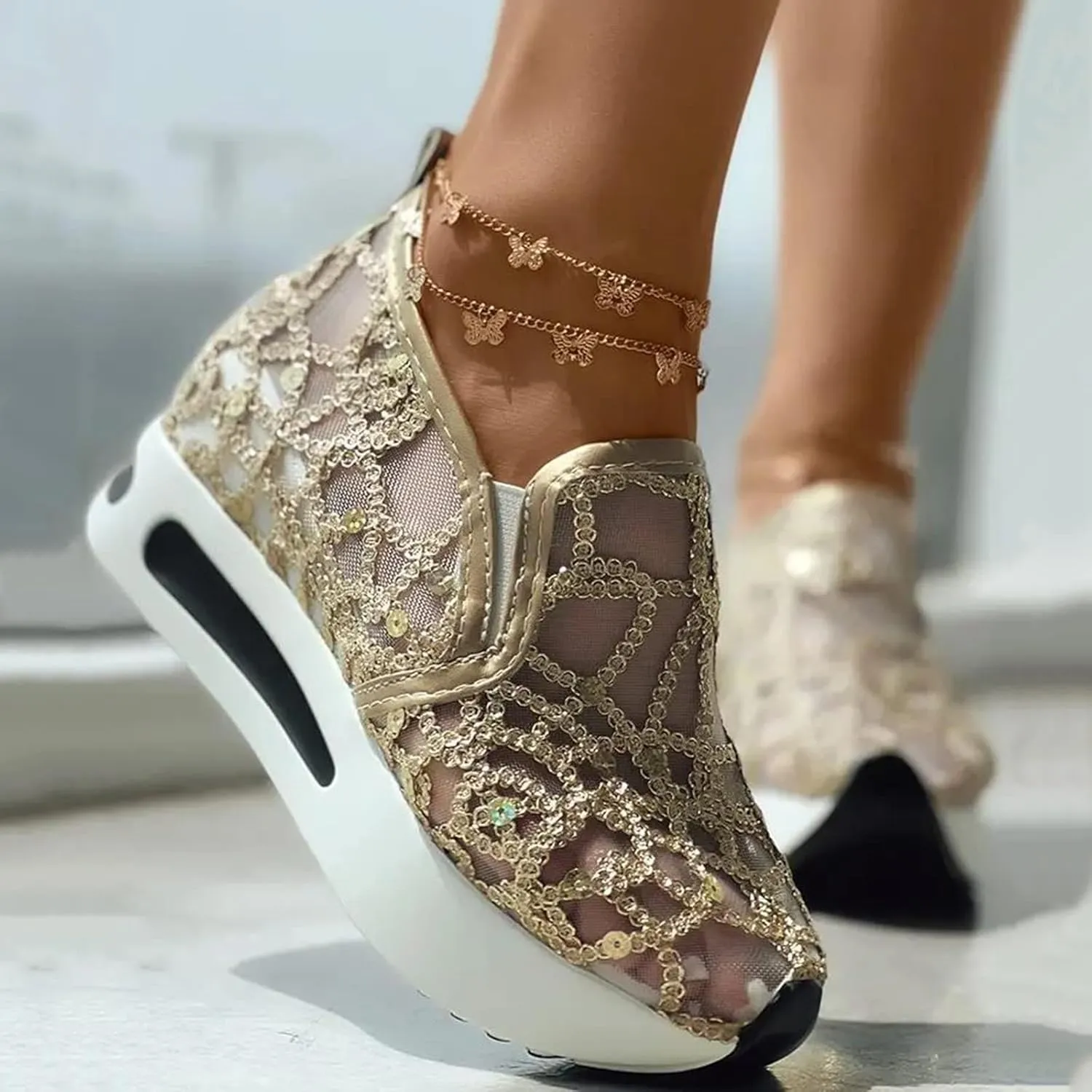 Platform Sneakers for Women Air Cushion | Walking Shoes Women Comfortable All Day Fashion Sneaker Low Top Chunky Breathable Slip On Loafers Ladies Hidden Sneakers Orthopedic Wedge Tennis Shoes