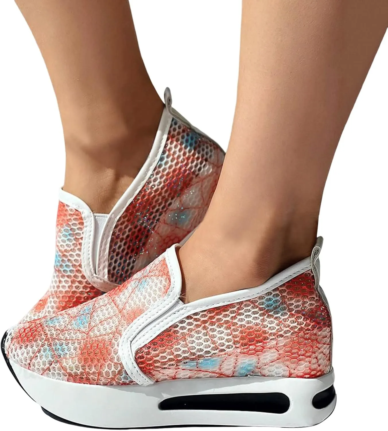 Platform Sneakers for Women Slip on Loafers Lace Embroidery Chunky Fashion Casual Tennis Shoes Lightweight Walking Shoes Comfortable Ladies Hidden Sneaker Breathable Orthopedic Wedge