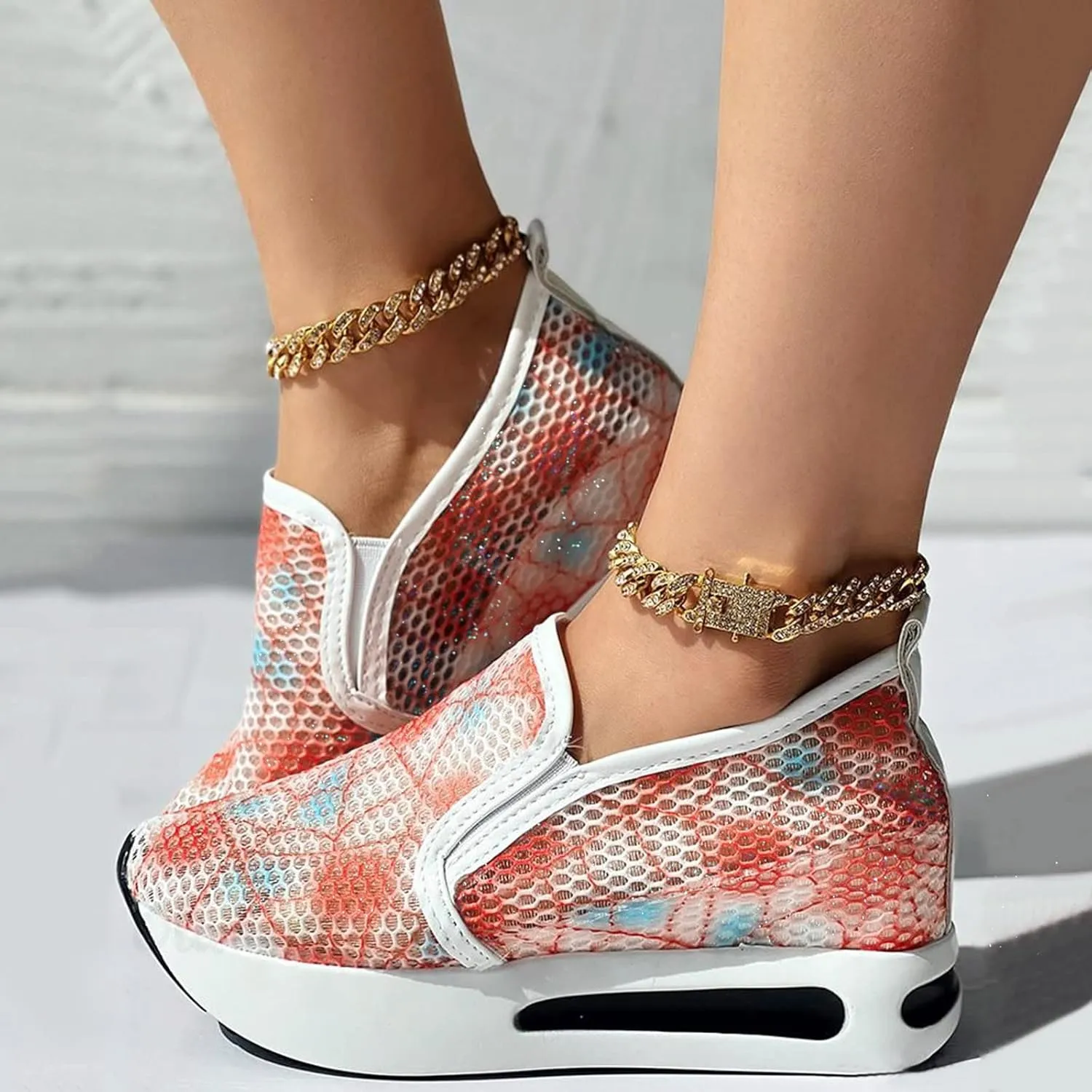 Platform Sneakers for Women Slip on Loafers Lace Embroidery Chunky Fashion Casual Tennis Shoes Lightweight Walking Shoes Comfortable Ladies Hidden Sneaker Breathable Orthopedic Wedge