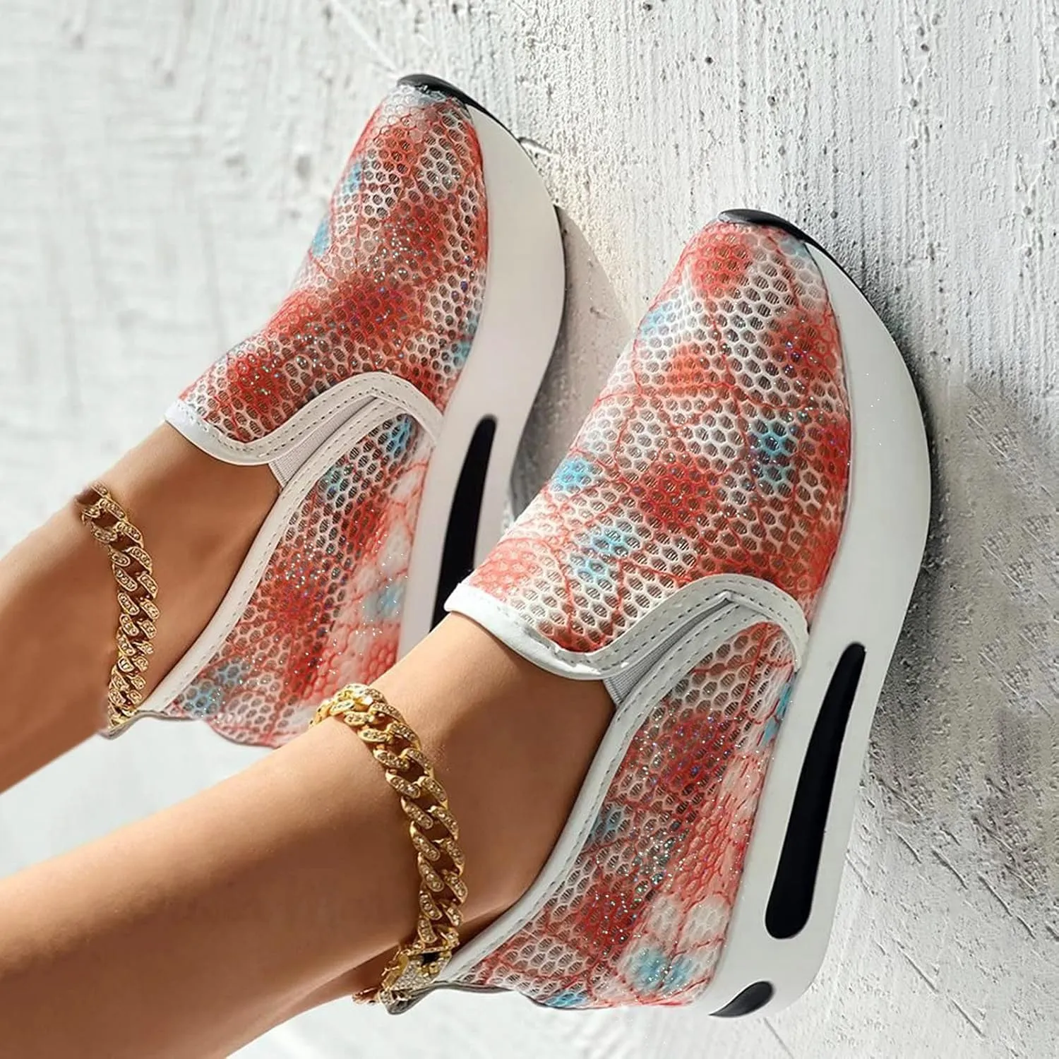 Platform Sneakers for Women Slip on Loafers Lace Embroidery Chunky Fashion Casual Tennis Shoes Lightweight Walking Shoes Comfortable Ladies Hidden Sneaker Breathable Orthopedic Wedge