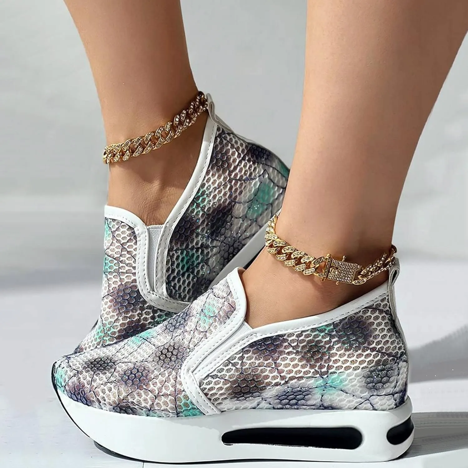 Platform Sneakers for Women Slip on Loafers Lace Embroidery Chunky Fashion Casual Tennis Shoes Lightweight Walking Shoes Comfortable Ladies Hidden Sneaker Breathable Orthopedic Wedge