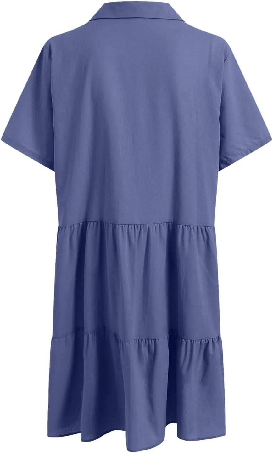 Plus Size Summer Dress - Casual Sundress Beach Short Sleeve V Neck Tiered Button Up Boho Midi Flowy Sun Dresses Women