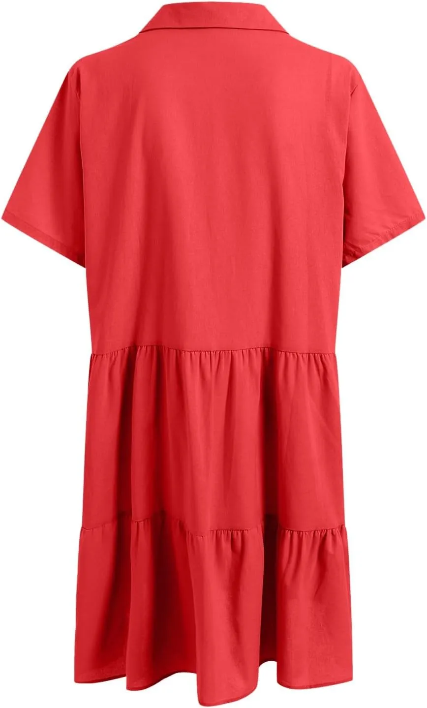 Plus Size Summer Dress - Casual Sundress Beach Short Sleeve V Neck Tiered Button Up Boho Midi Flowy Sun Dresses Women