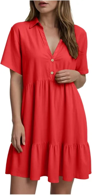 Plus Size Summer Dress - Casual Sundress Beach Short Sleeve V Neck Tiered Button Up Boho Midi Flowy Sun Dresses Women