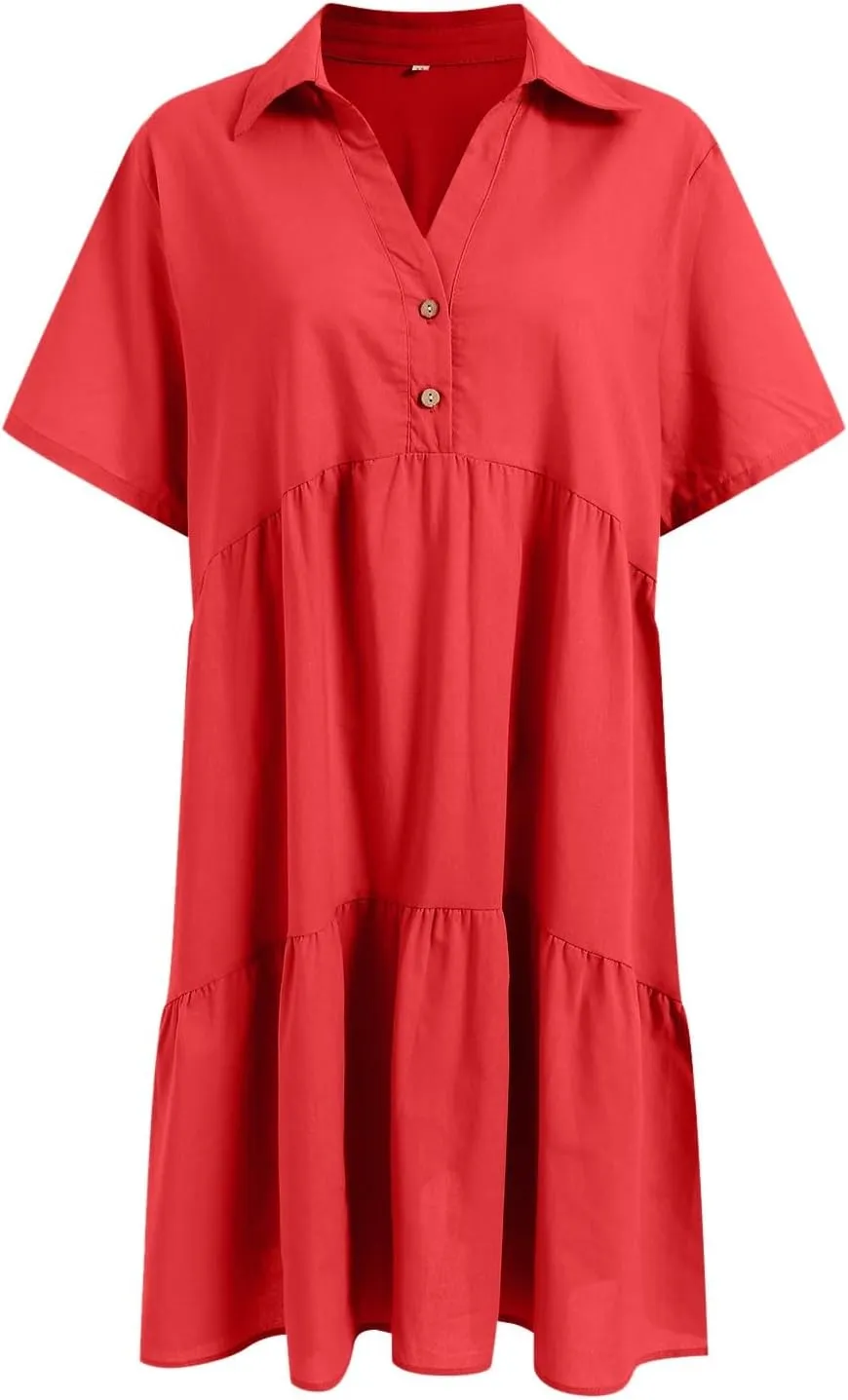 Plus Size Summer Dress - Casual Sundress Beach Short Sleeve V Neck Tiered Button Up Boho Midi Flowy Sun Dresses Women