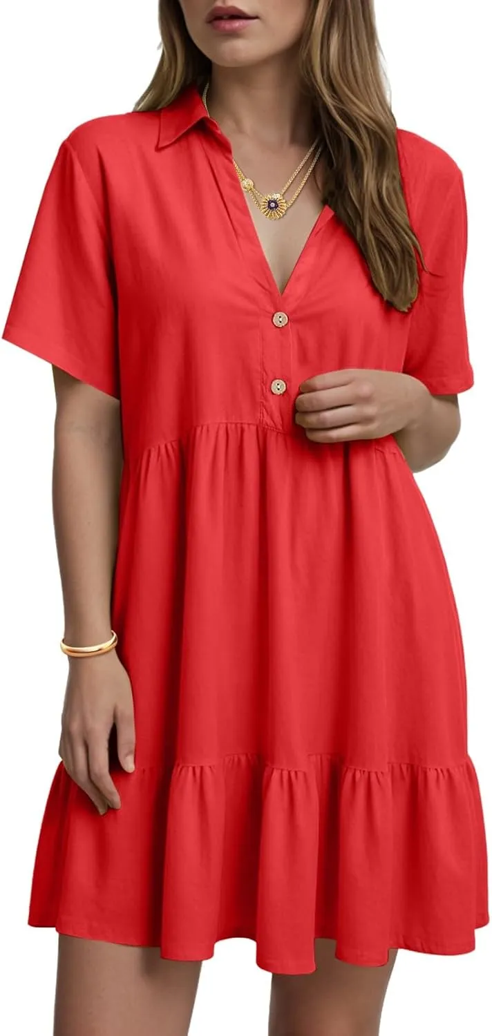 Plus Size Summer Dress - Casual Sundress Beach Short Sleeve V Neck Tiered Button Up Boho Midi Flowy Sun Dresses Women
