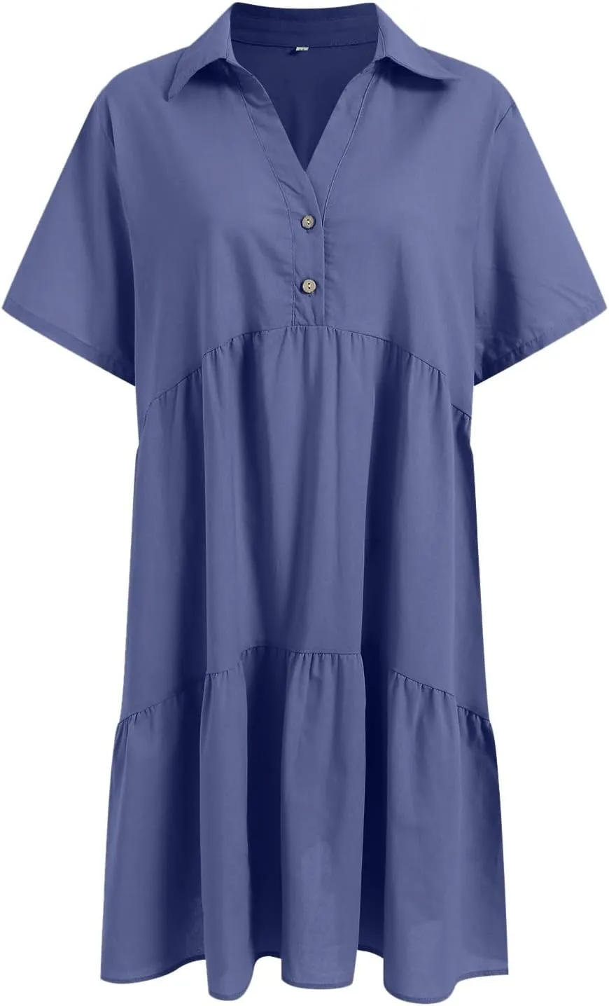 Plus Size Summer Dress - Casual Sundress Beach Short Sleeve V Neck Tiered Button Up Boho Midi Flowy Sun Dresses Women
