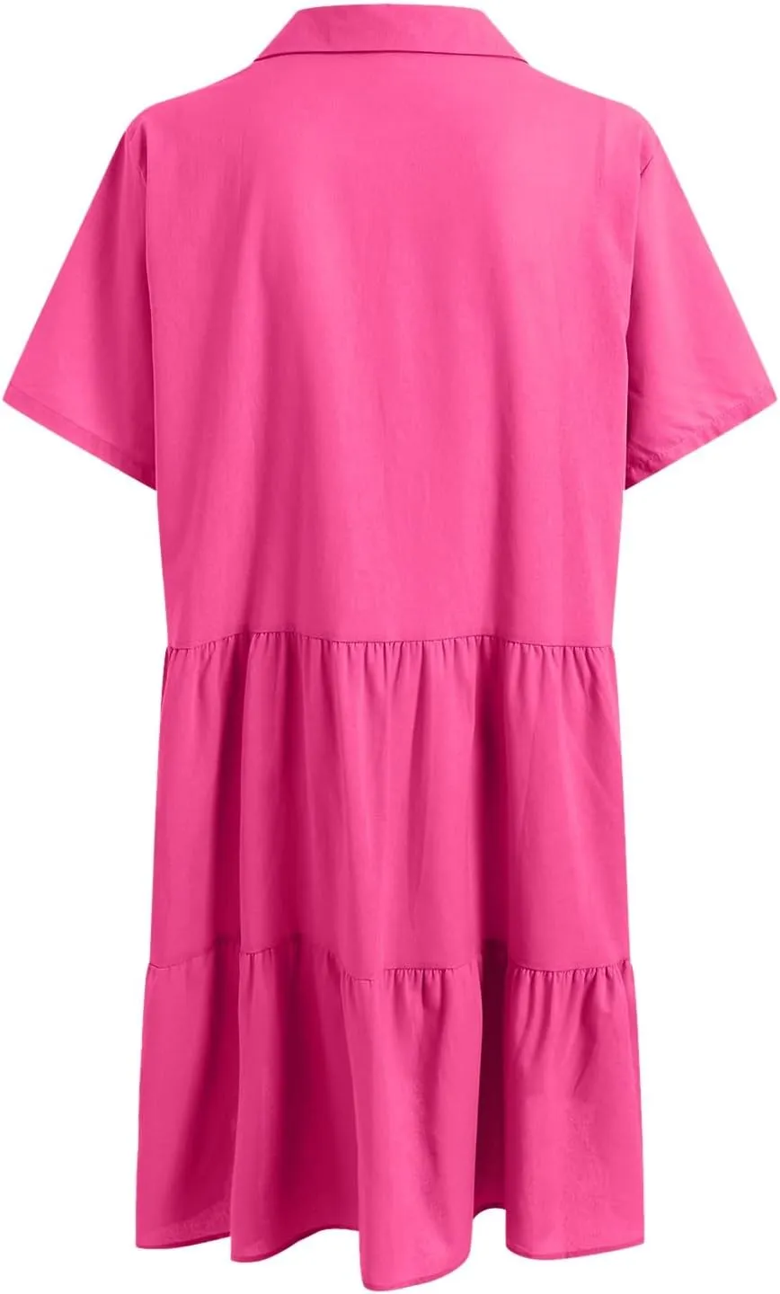 Plus Size Summer Dress - Casual Sundress Beach Short Sleeve V Neck Tiered Button Up Boho Midi Flowy Sun Dresses Women