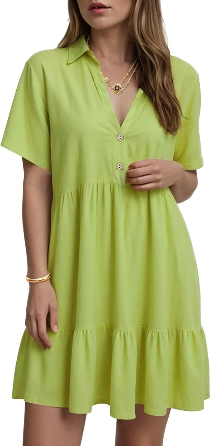 Plus Size Summer Dress - Casual Sundress Beach Short Sleeve V Neck Tiered Button Up Boho Midi Flowy Sun Dresses Women