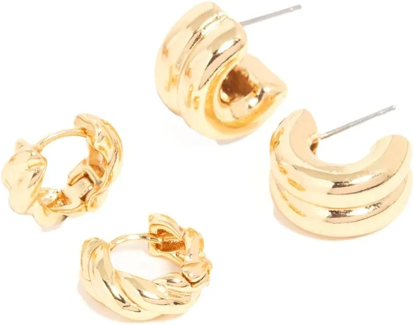 Premium Gold Plated Brass Twist & Ribbed Huggie Earrings 2-Pack | Hypoallergenic | Elegant and Versatile