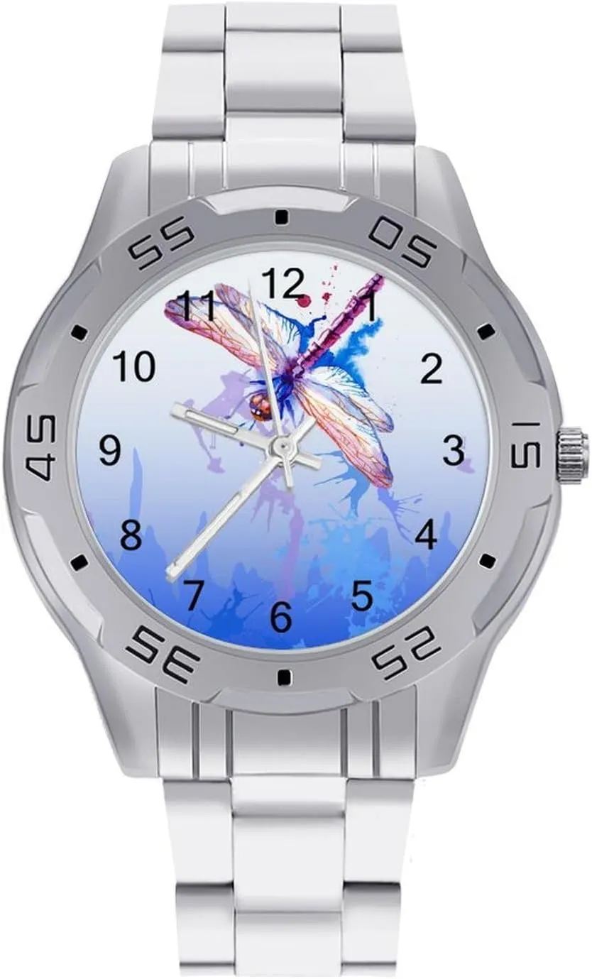 Purple Watercolor Dragonfly Stainless Steel Metal Strap Simple Business Watches for Men Easy Reader Work Casual Watch