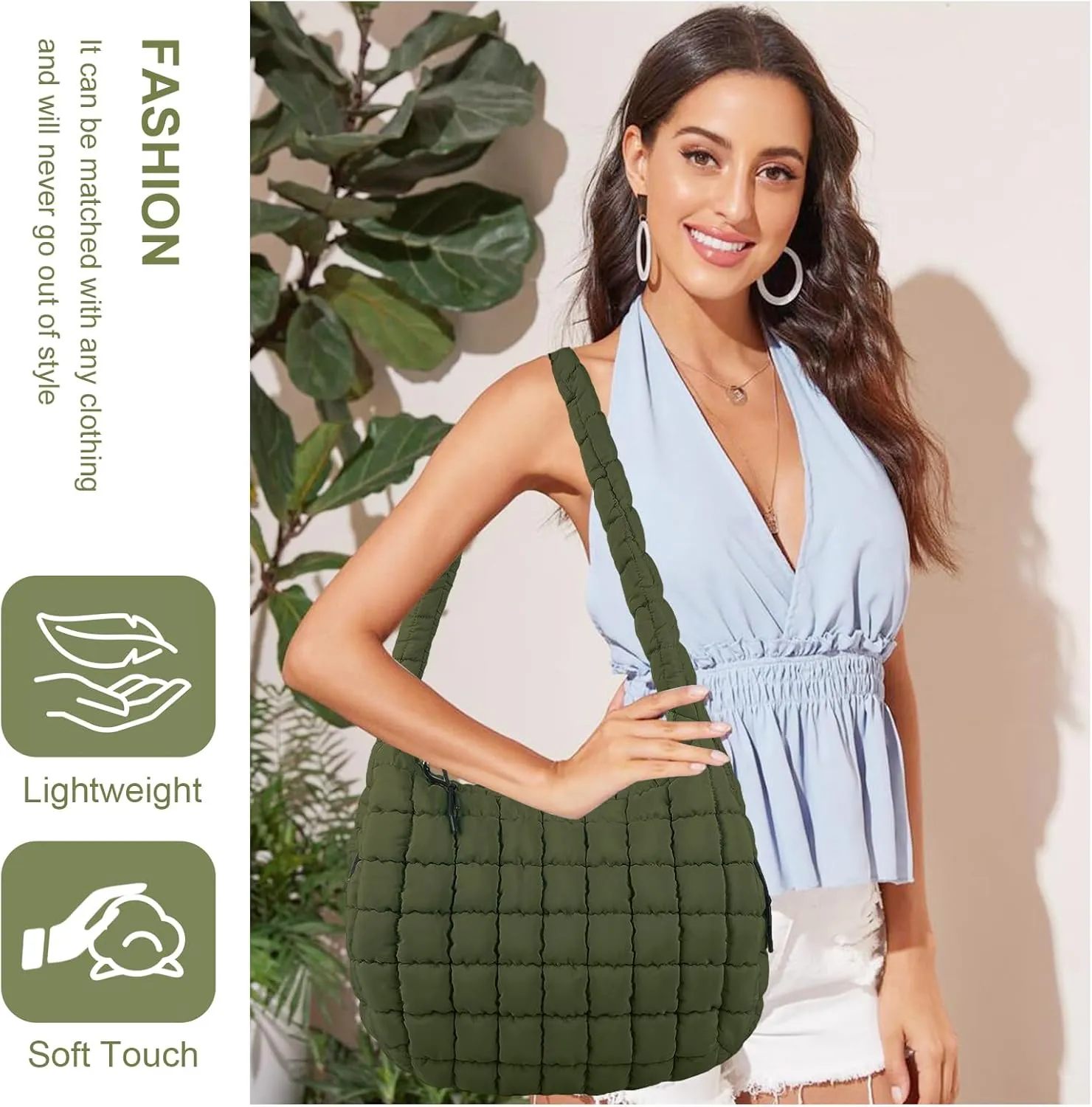 Quilted Puffer Tote Bag for Women - Large Crossbody Bag, Lightweight Nylon Puffy Carryall Hobo Puff Shoulder Bag