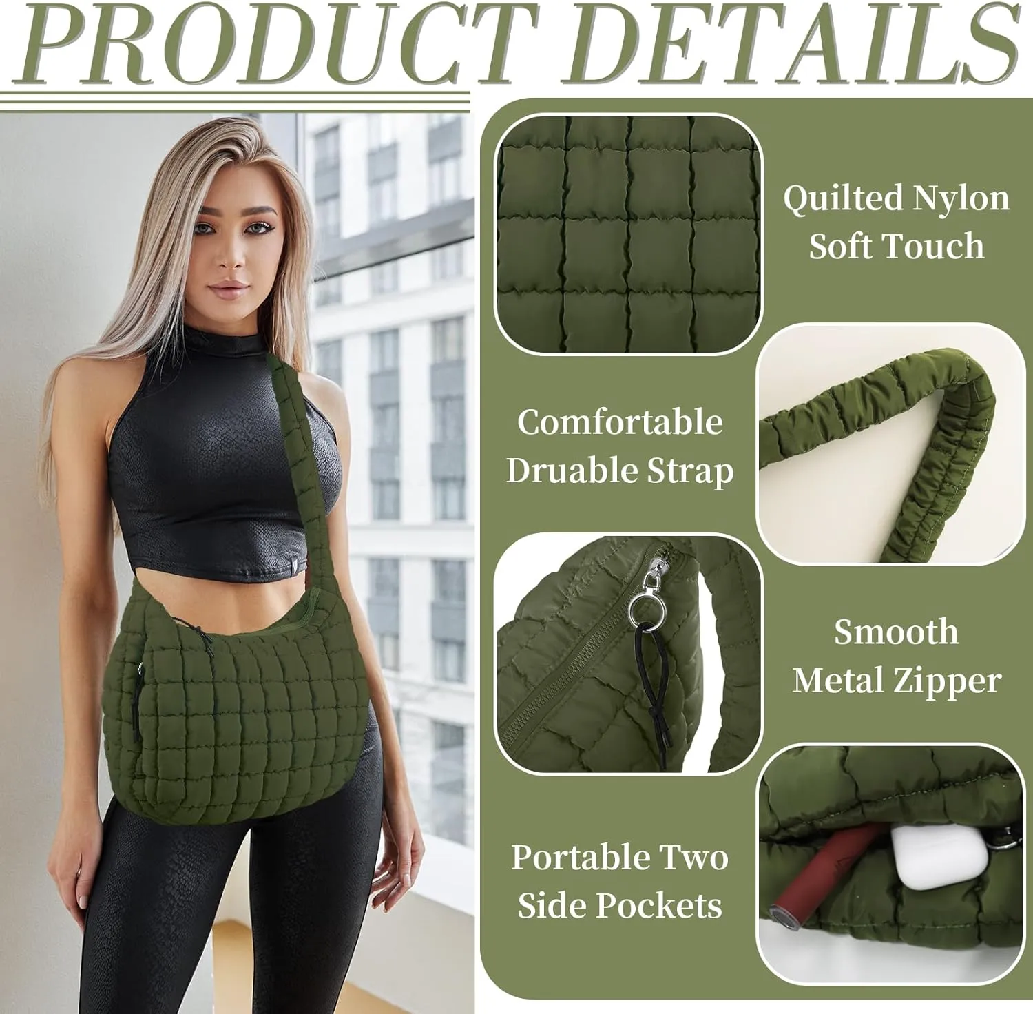 Quilted Puffer Tote Bag for Women - Large Crossbody Bag, Lightweight Nylon Puffy Carryall Hobo Puff Shoulder Bag