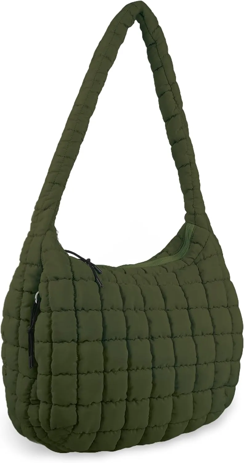 Quilted Puffer Tote Bag for Women - Large Crossbody Bag, Lightweight Nylon Puffy Carryall Hobo Puff Shoulder Bag