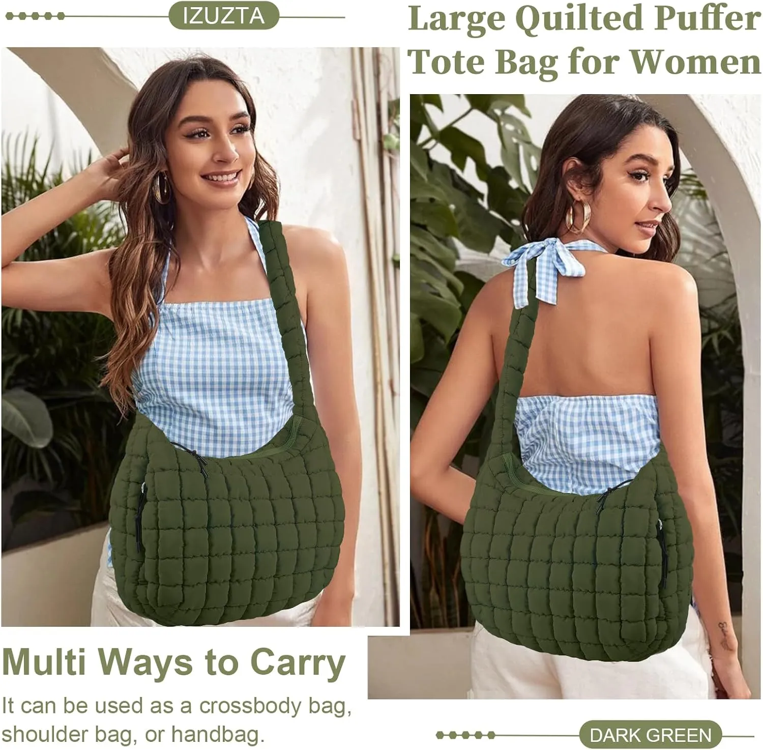 Quilted Puffer Tote Bag for Women - Large Crossbody Bag, Lightweight Nylon Puffy Carryall Hobo Puff Shoulder Bag