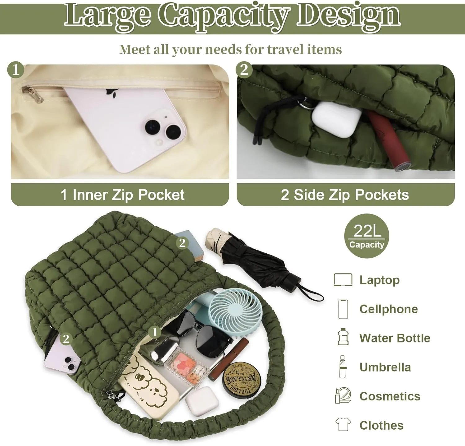 Quilted Puffer Tote Bag for Women - Large Crossbody Bag, Lightweight Nylon Puffy Carryall Hobo Puff Shoulder Bag