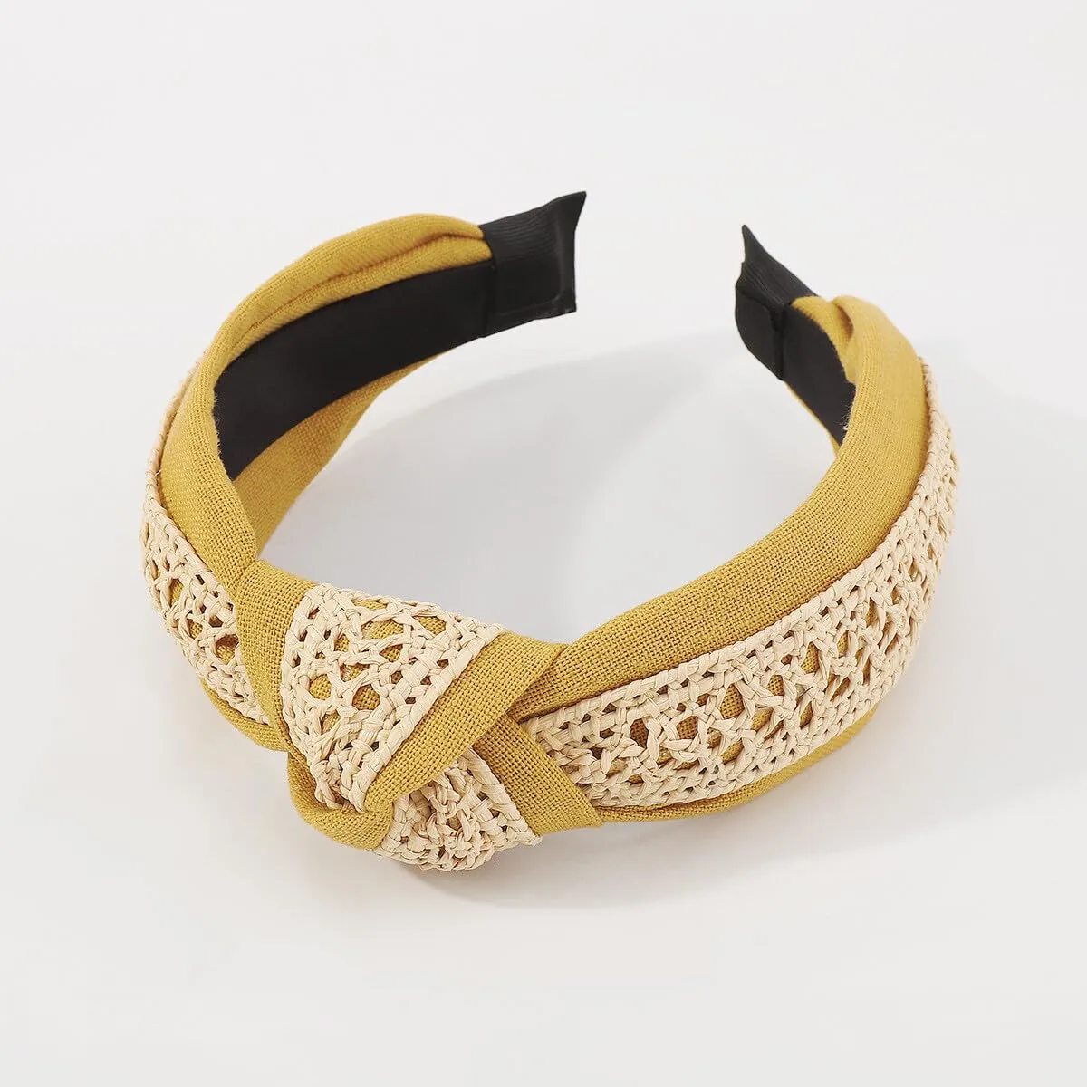 Retro Ethnic Raffia Straw Braid Knotted Headband Wide Statement Twisted Hair Hoop Holiday Beach Party Hairband Hair Accessories for Women Girls Yellow