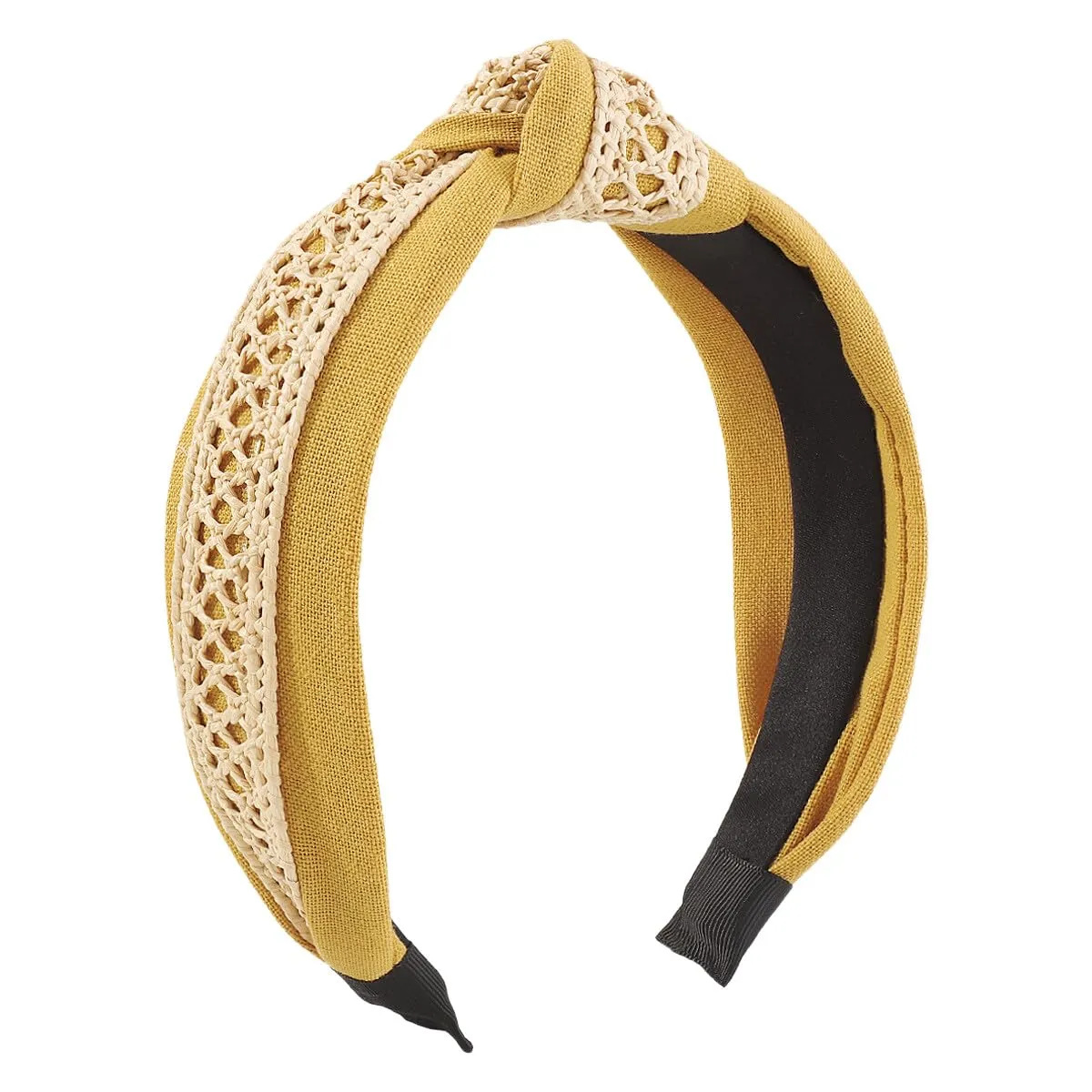 Retro Ethnic Raffia Straw Braid Knotted Headband Wide Statement Twisted Hair Hoop Holiday Beach Party Hairband Hair Accessories for Women Girls Yellow