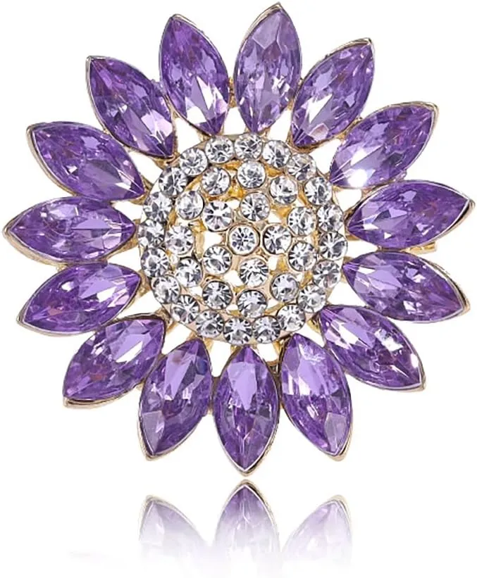 Rheinstone Sunflower Brooch Pin Gold Purple Crystal Sunflower Brooch Lapel Pins Sparkling Zircon Crystal Flower Brooch Clothes Cowboy Hat Bag Dress Jewelry for Women
