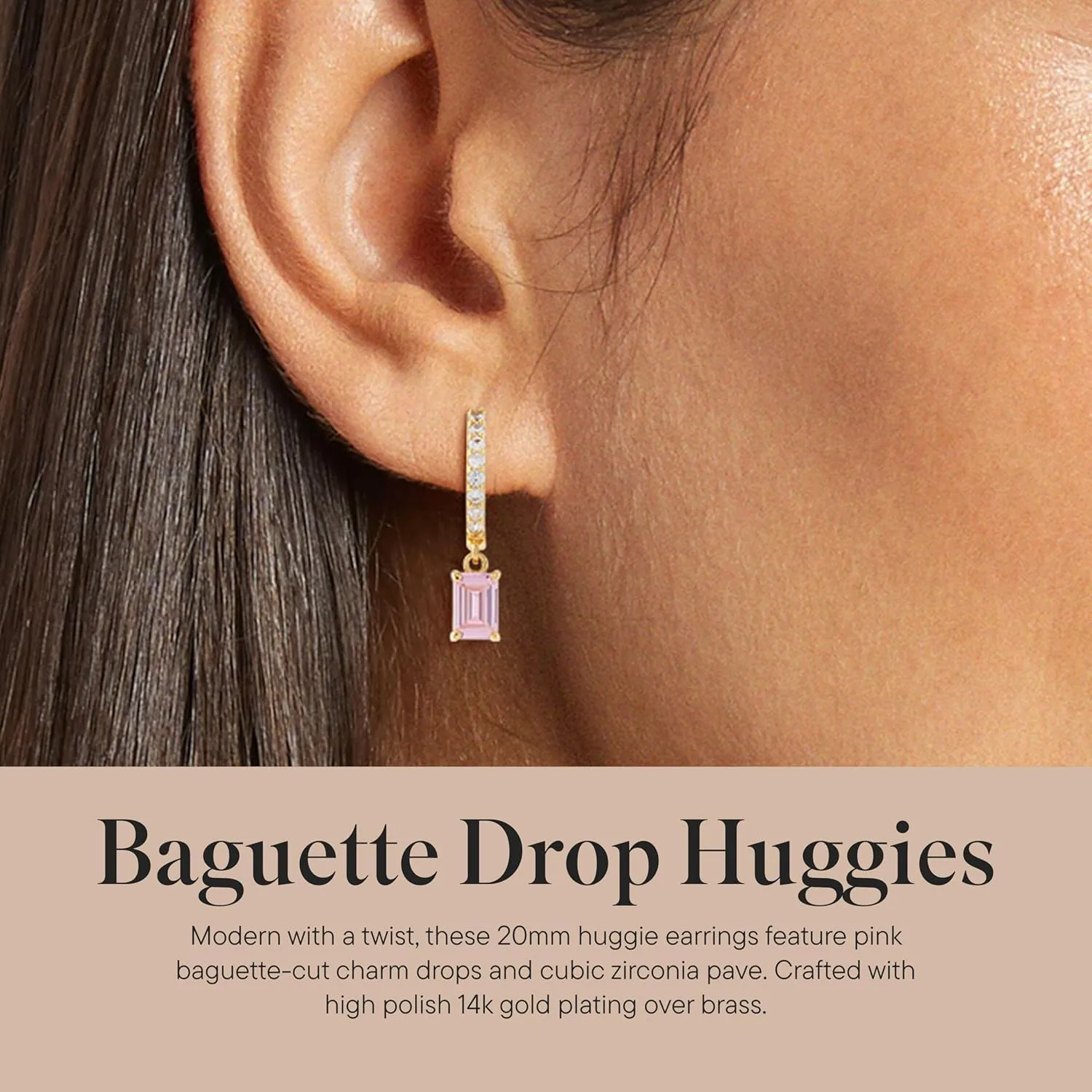 Rocksbox Baguette Drop Huggies - Hoops for Women - High Polish Plating with Cubic Zirconia Pave - Premium Quality Jewelry - 20mm
