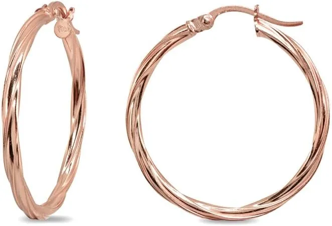 Rose Gold Flash Sterling Silver Twist Round Hoop Earrings for Women (2x15mm - 50mm Diameter)