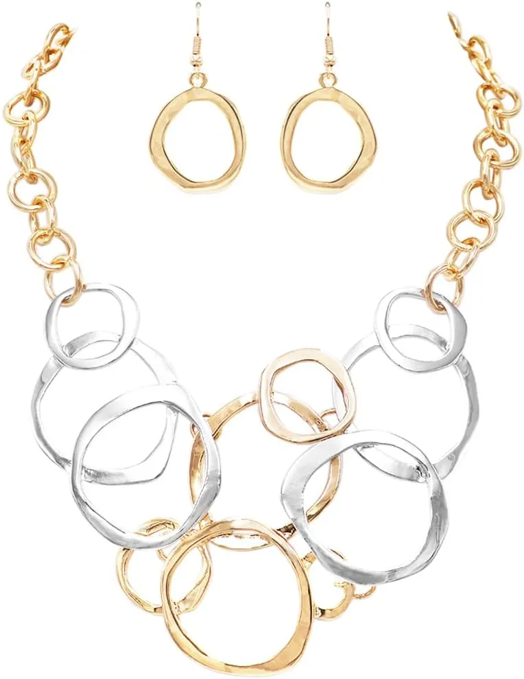 Rosemarie & Jubalee Women's Statement Geometric Rings Two Tone Contemporary Bib Necklace Earrings Set, 12" 3" Extender